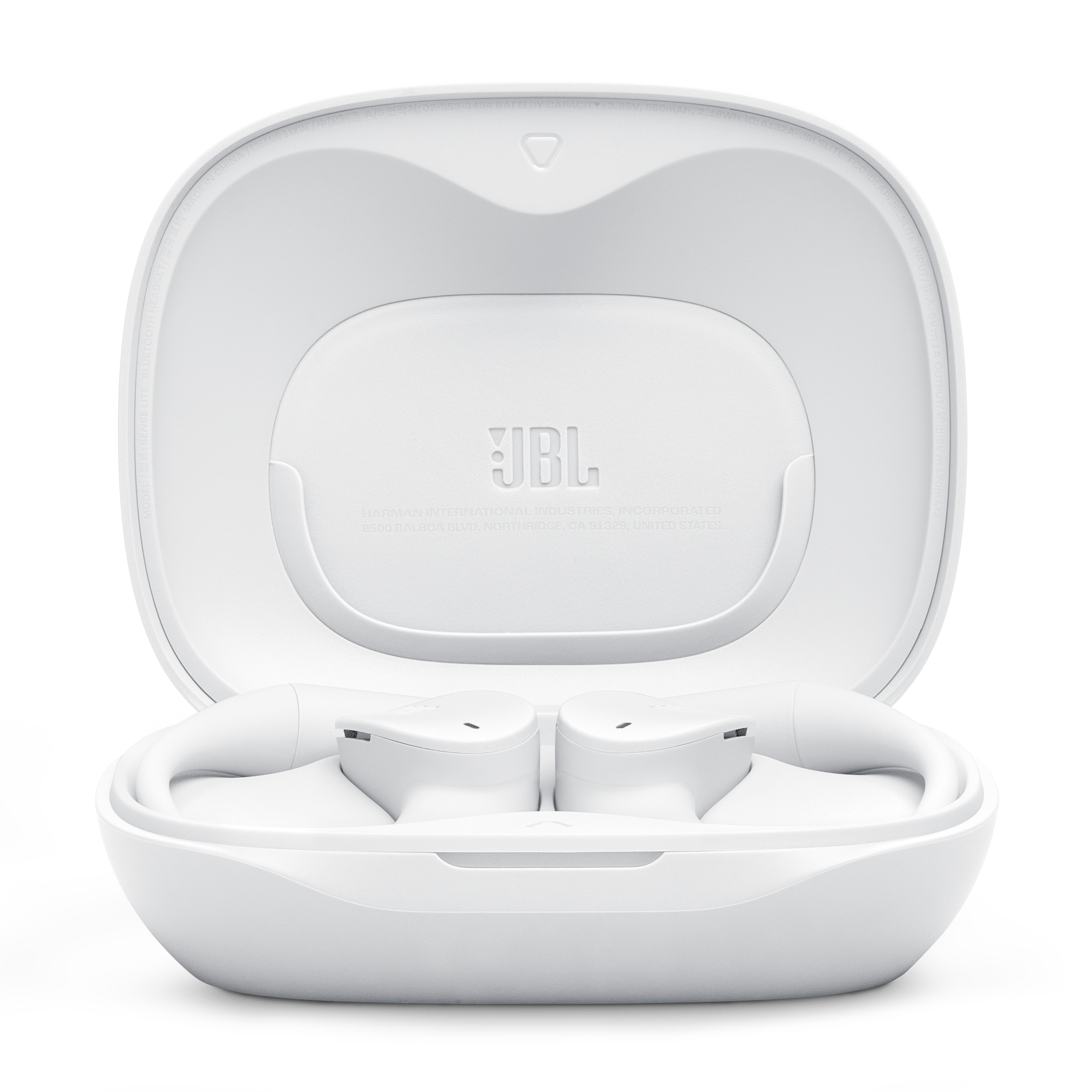 Weißes JBL-Kopfhörer-Etui, offen, mit zwei Kopfhörern darin, vor weißem Hintergrund.