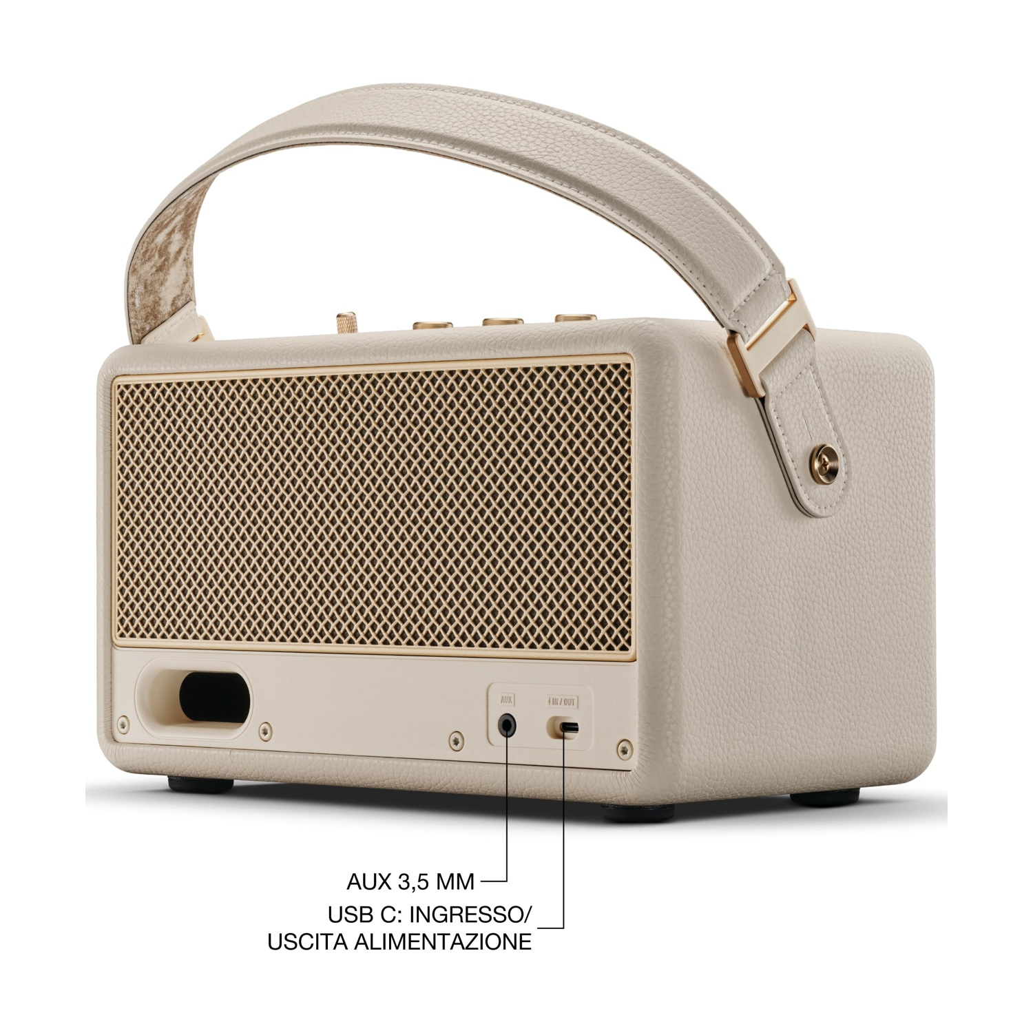Retro dell'altoparlante Marshall. Mostra AUX, ingresso/uscita USB C e dettagli dorati.