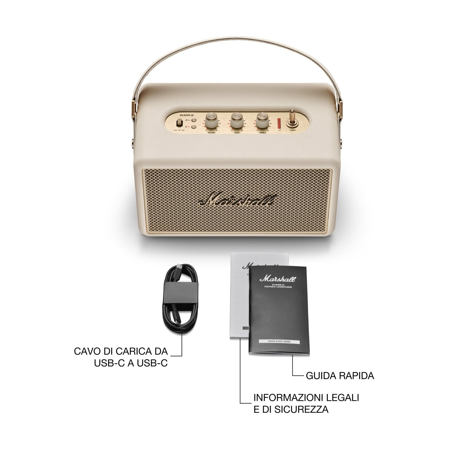 Altoparlante Marshall con cavo di ricarica e manuali. L'altoparlante è beige con maniglia e copertura dorata.