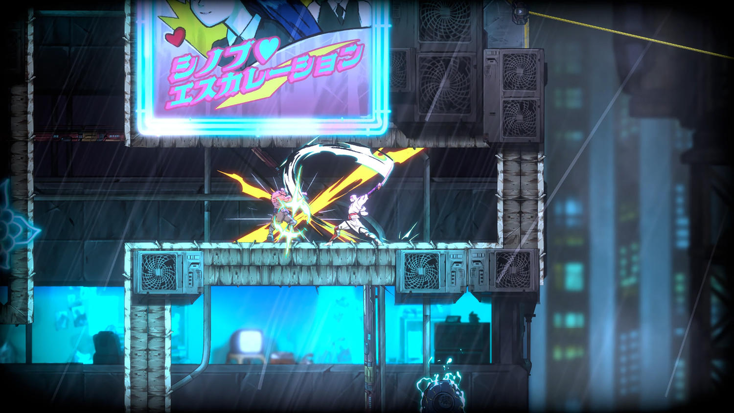 Eine Sidescrolling-Videospielszenen mit zwei Charakteren, die in einer neonbeleuchteten Stadt kämpfen.
