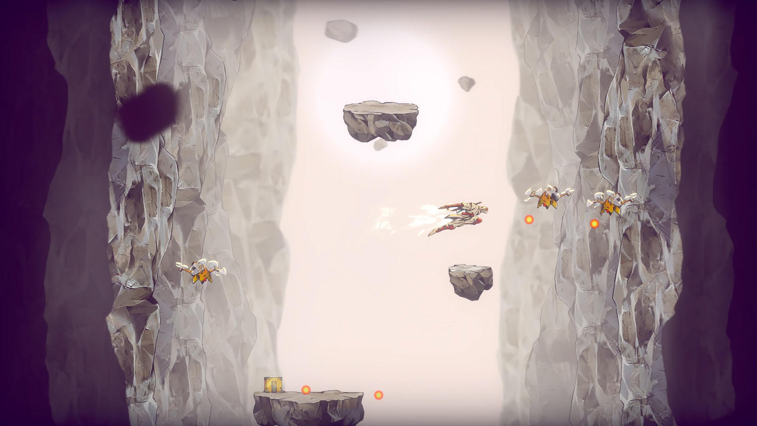 Videospielszenen: Raumschiffe fliegen durch eine Schlucht. Die Umgebung hat eine hellorange Farbe.
