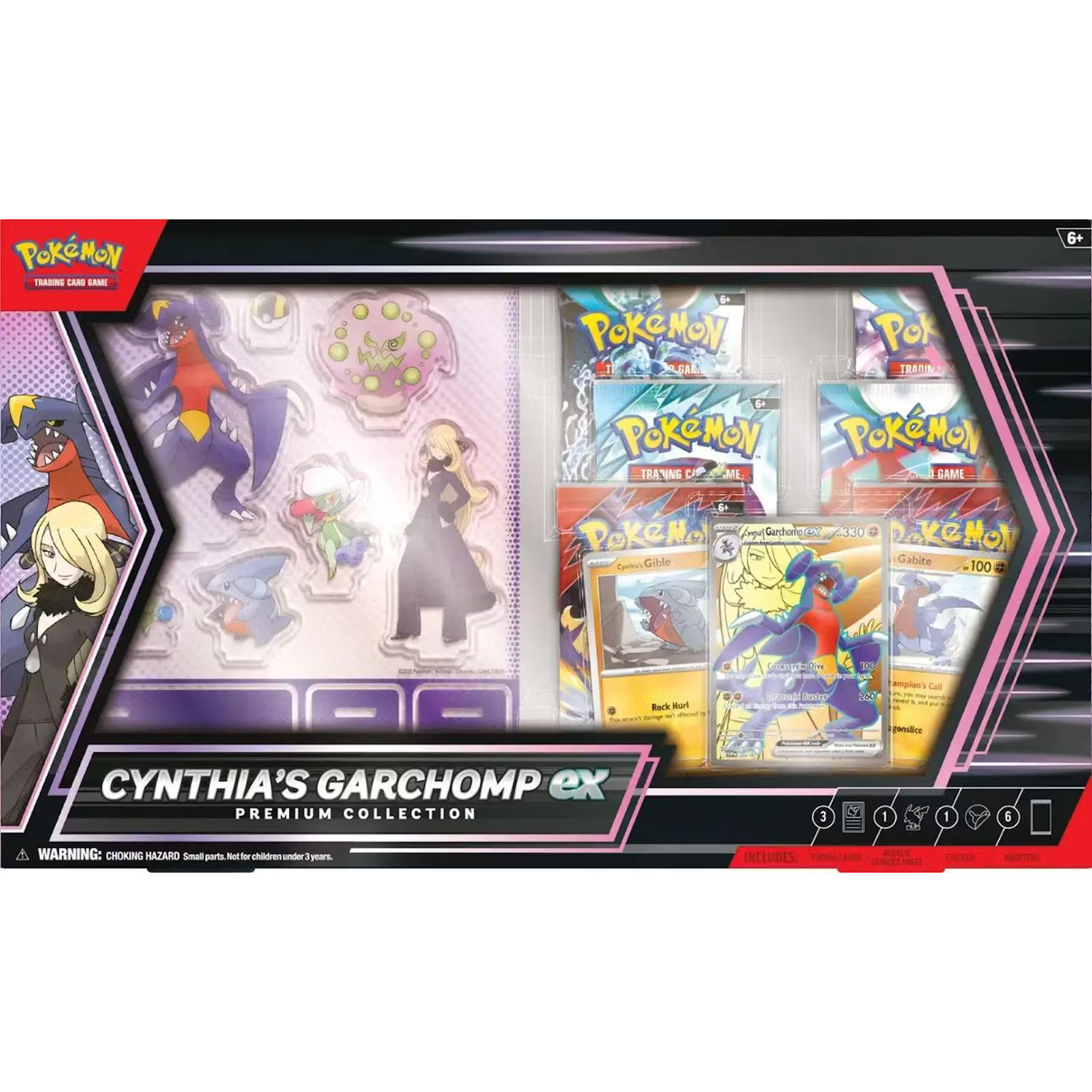 Doos met Pokémon-kaarten met figuren, personages en tekst op een roze en zwarte achtergrond.