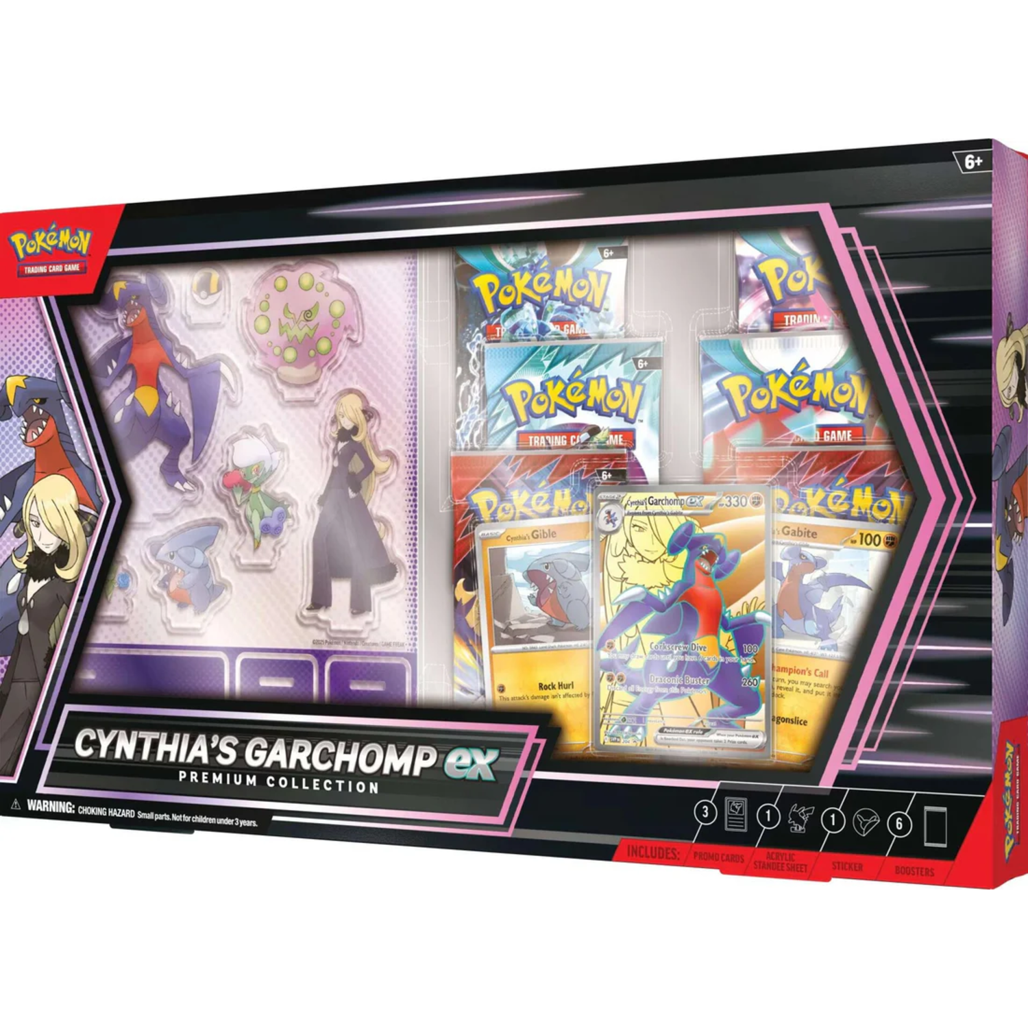 Doos met Pokémon-kaarten met figuren, personages en tekst op een roze en zwarte achtergrond.