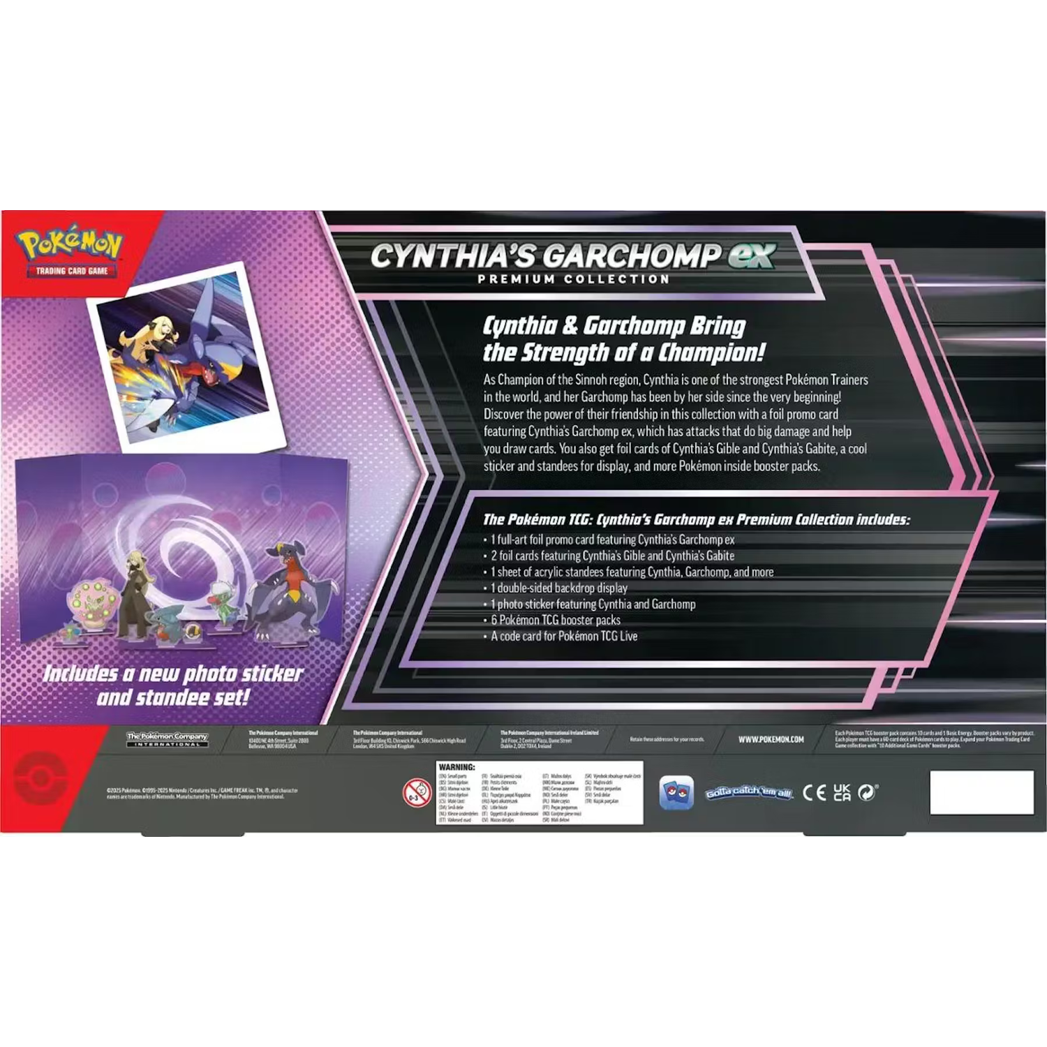 Achterkant van een Pokémon-kaartenbox met tekst en afbeeldingen van Pokémon-personages en kaarten.