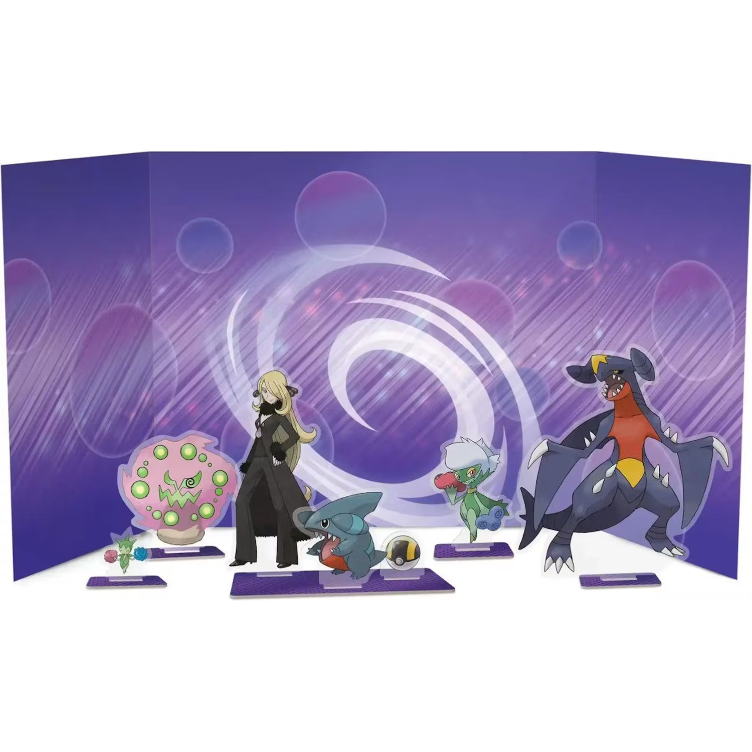 Pokémon-personages op een podium met een wervelend ontwerp, waaronder Cynthia en Garchomp.