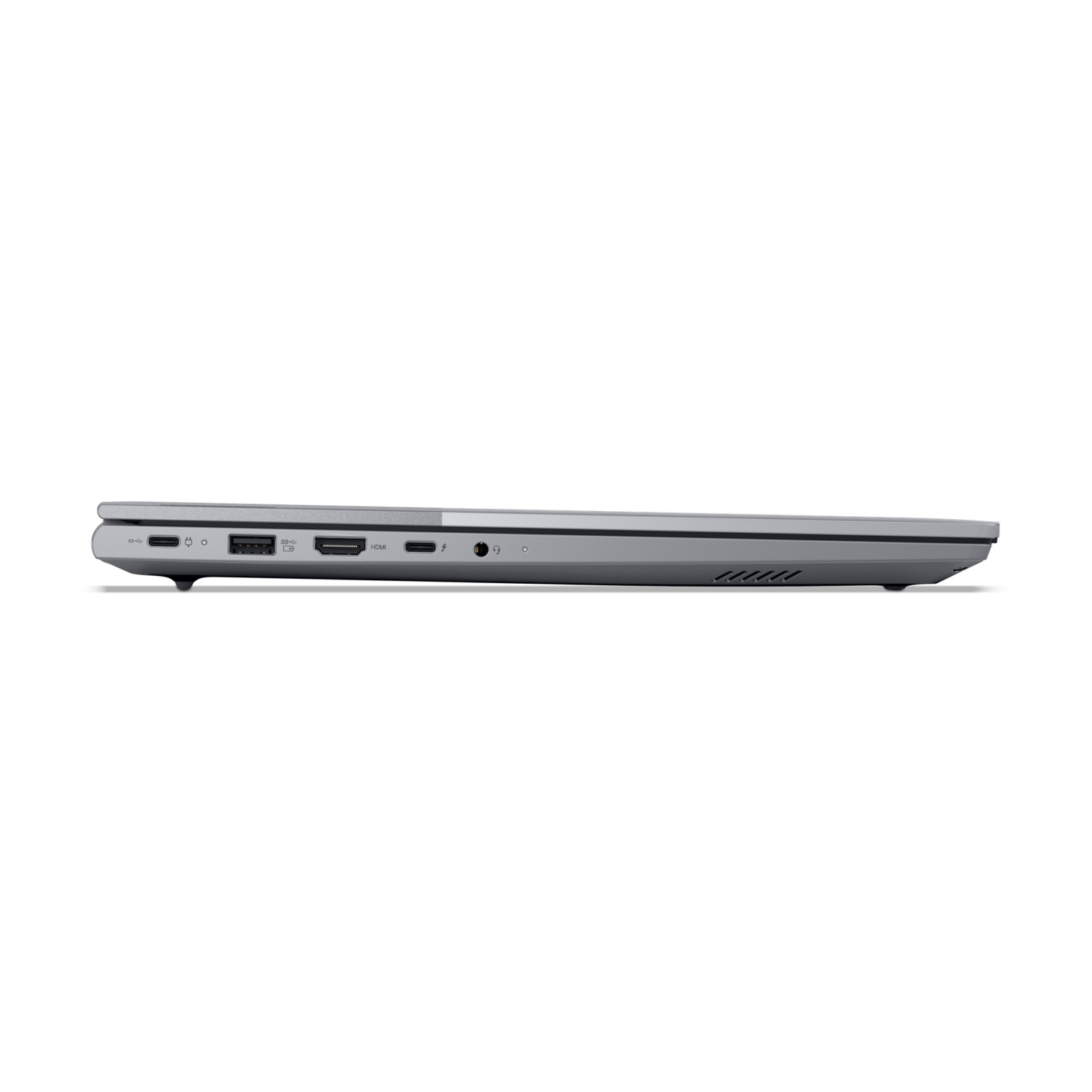 Zijaanzicht van een grijze laptop, met poorten en ventilatieopeningen.