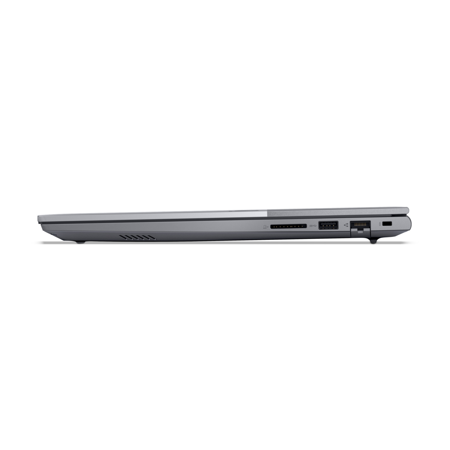 Zijaanzicht van een grijze laptop, met poorten en ventilatieopeningen.