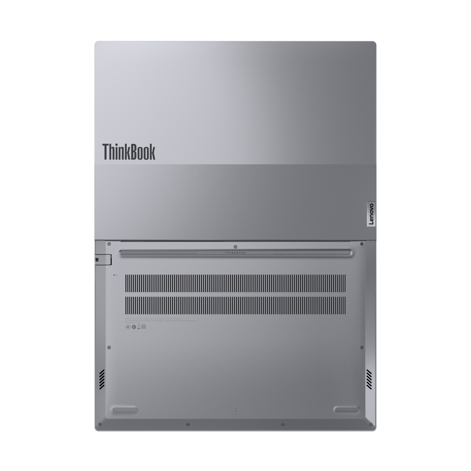 Onderaanzicht van een grijze ThinkBook-laptop, met ventilatieopeningen en branding.