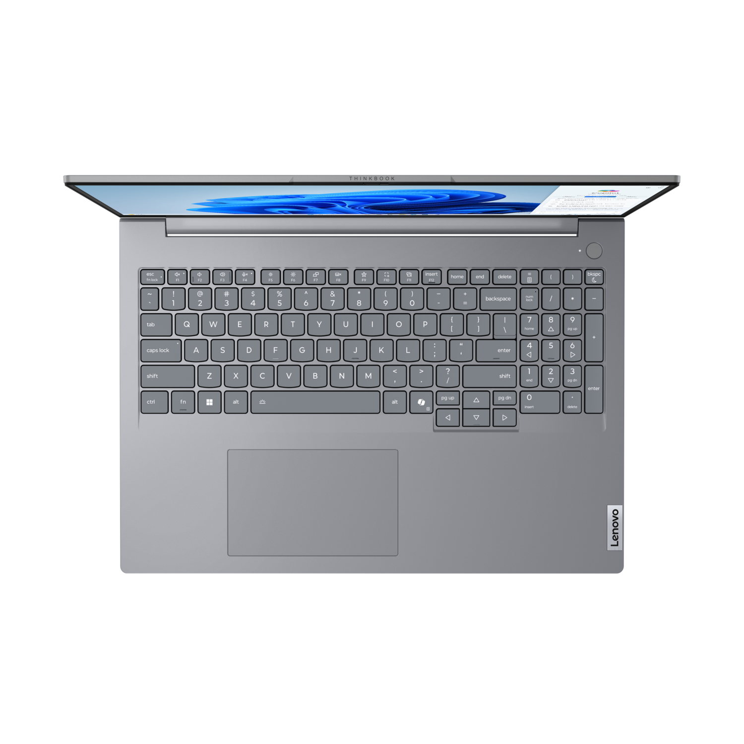 Bovenaanzicht van een open grijze ThinkBook-laptop met toetsenbord en scherm.