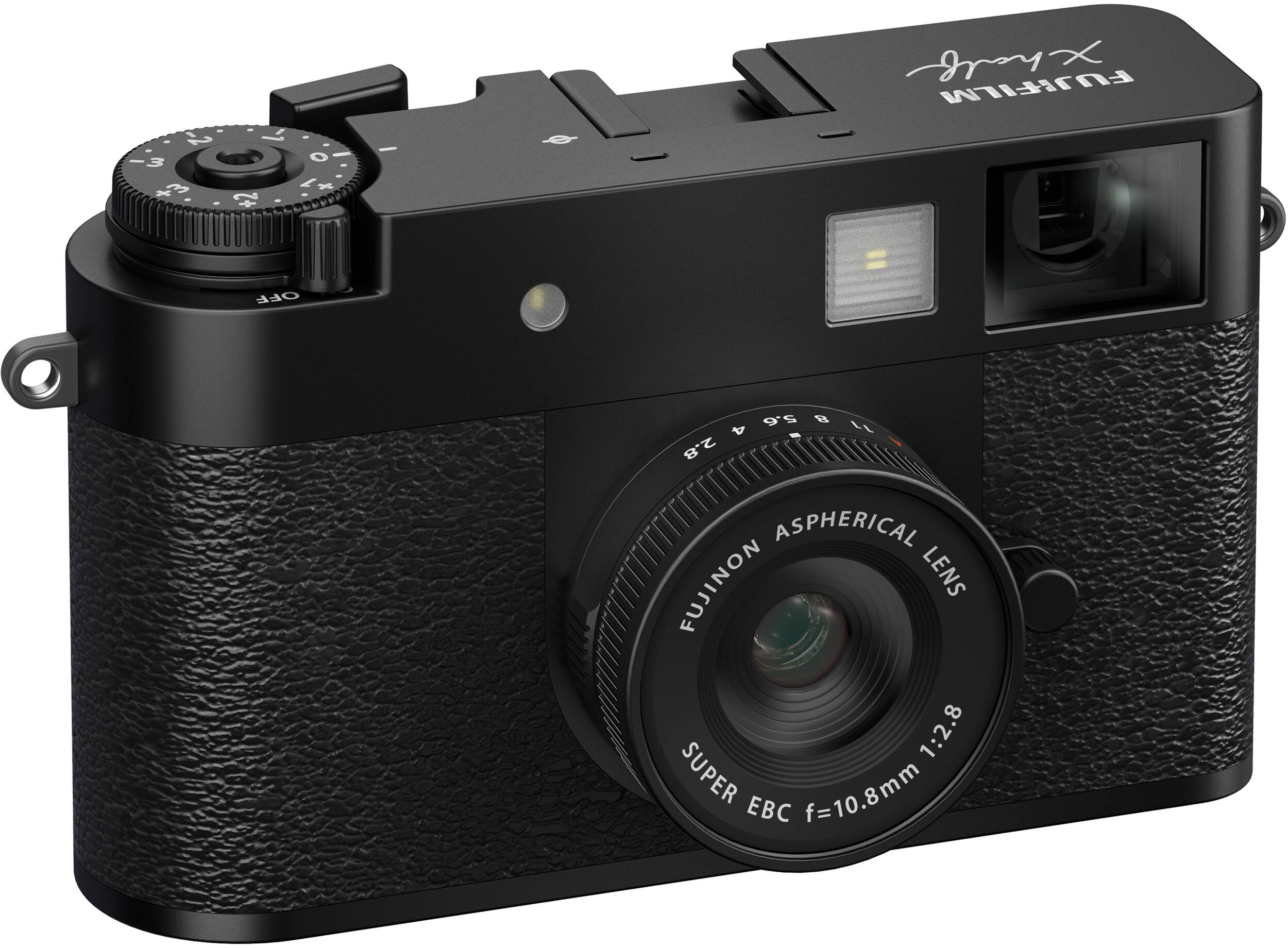 Schwarze Fujifilm X-H2S Kamera, schräge Ansicht, mit Objektiv und Einstellrädern.