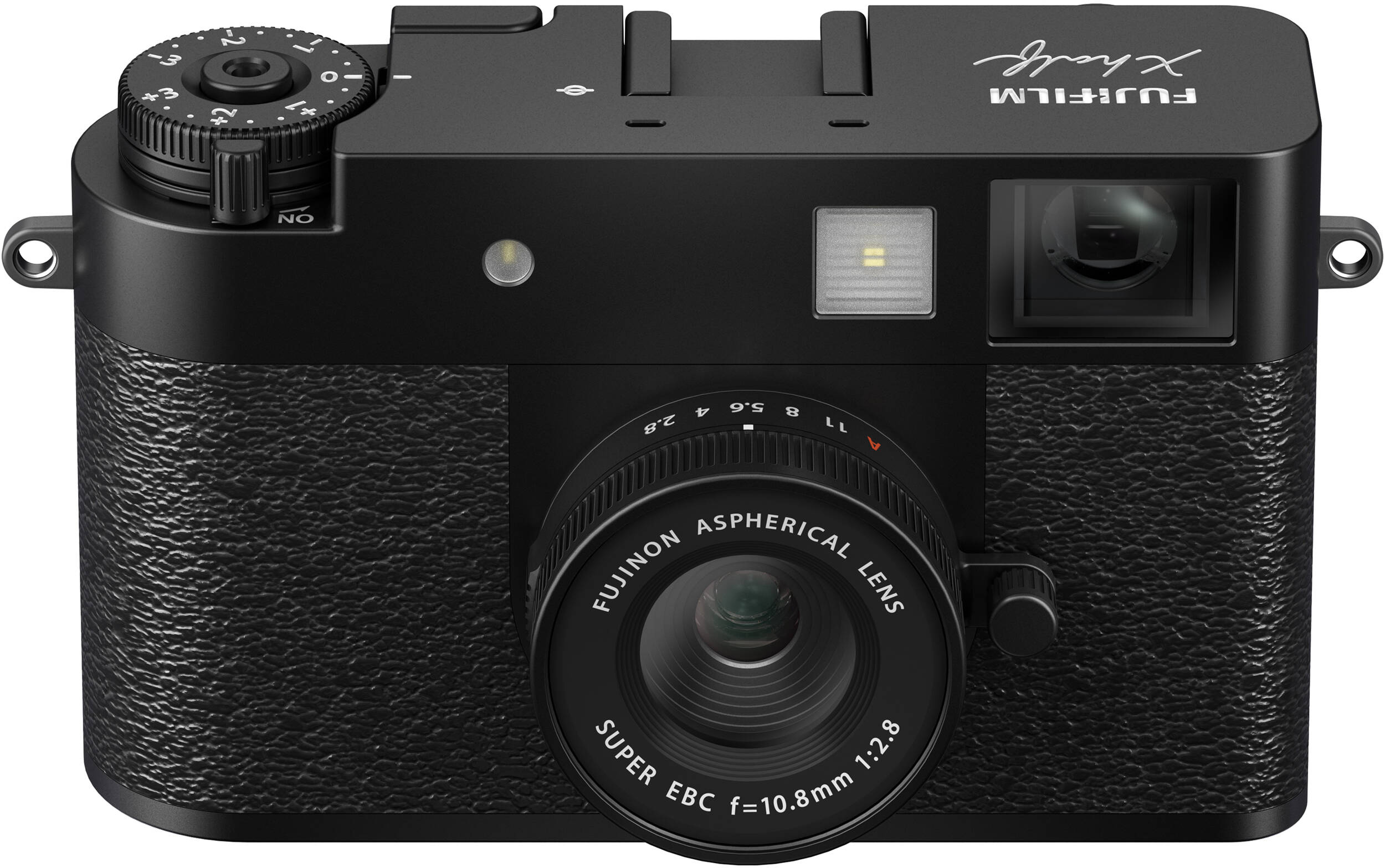 Schwarze Fujifilm X half Kamera. Vorderansicht mit Objektiv, Knöpfen und Drehrad. Fujifilm-Logo in Weiß.