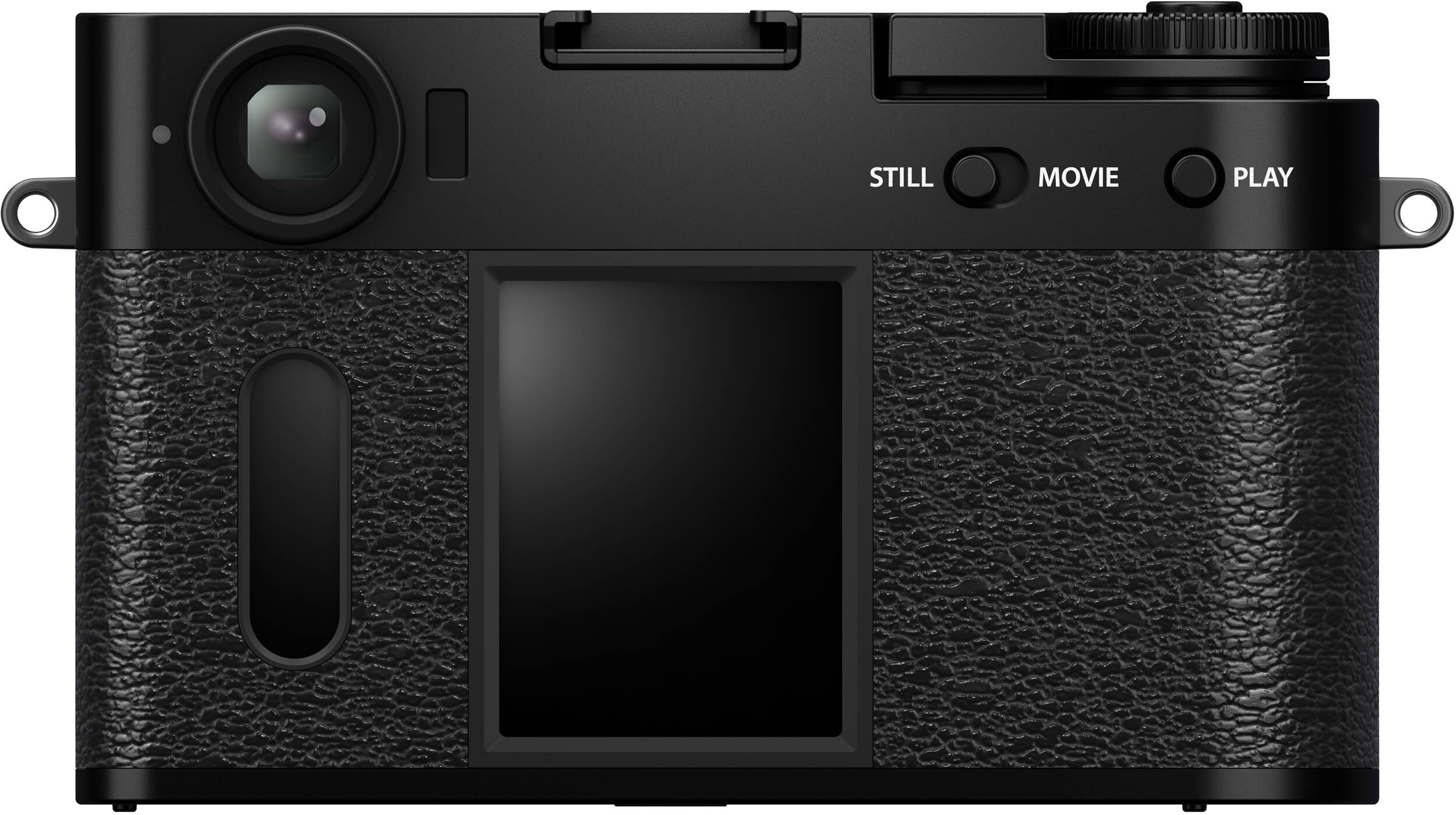 Rückseite der schwarzen Fujifilm X half Kamera. Bildschirm, Tasten für Standbild, Film und Wiedergabe. Strukturierter Griff.