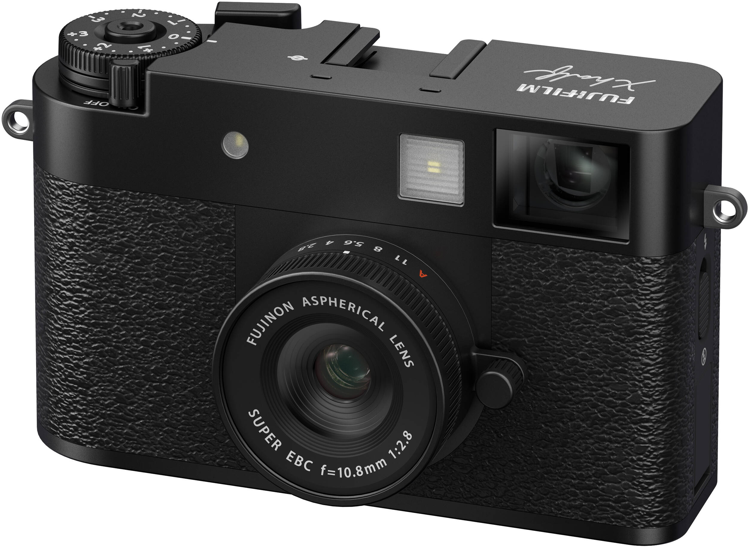 Schwarze Fujifilm X half Kamera. Abgewinkelte Frontansicht. Objektiv, Räder und Knöpfe sichtbar. Fujifilm-Logo oben.