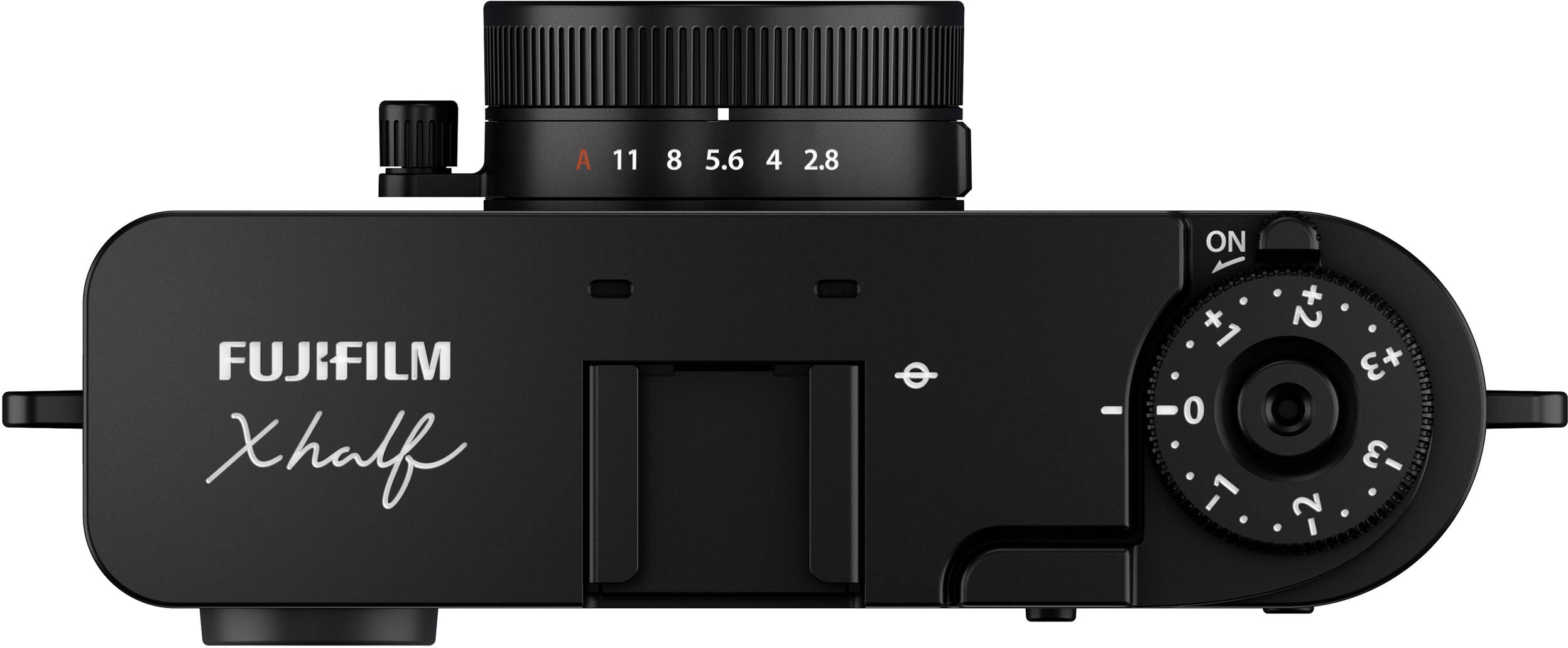 Draufsicht auf eine schwarze Fujifilm X half Kamera. Räder, Knöpfe und Fujifilm X half Logo sichtbar.