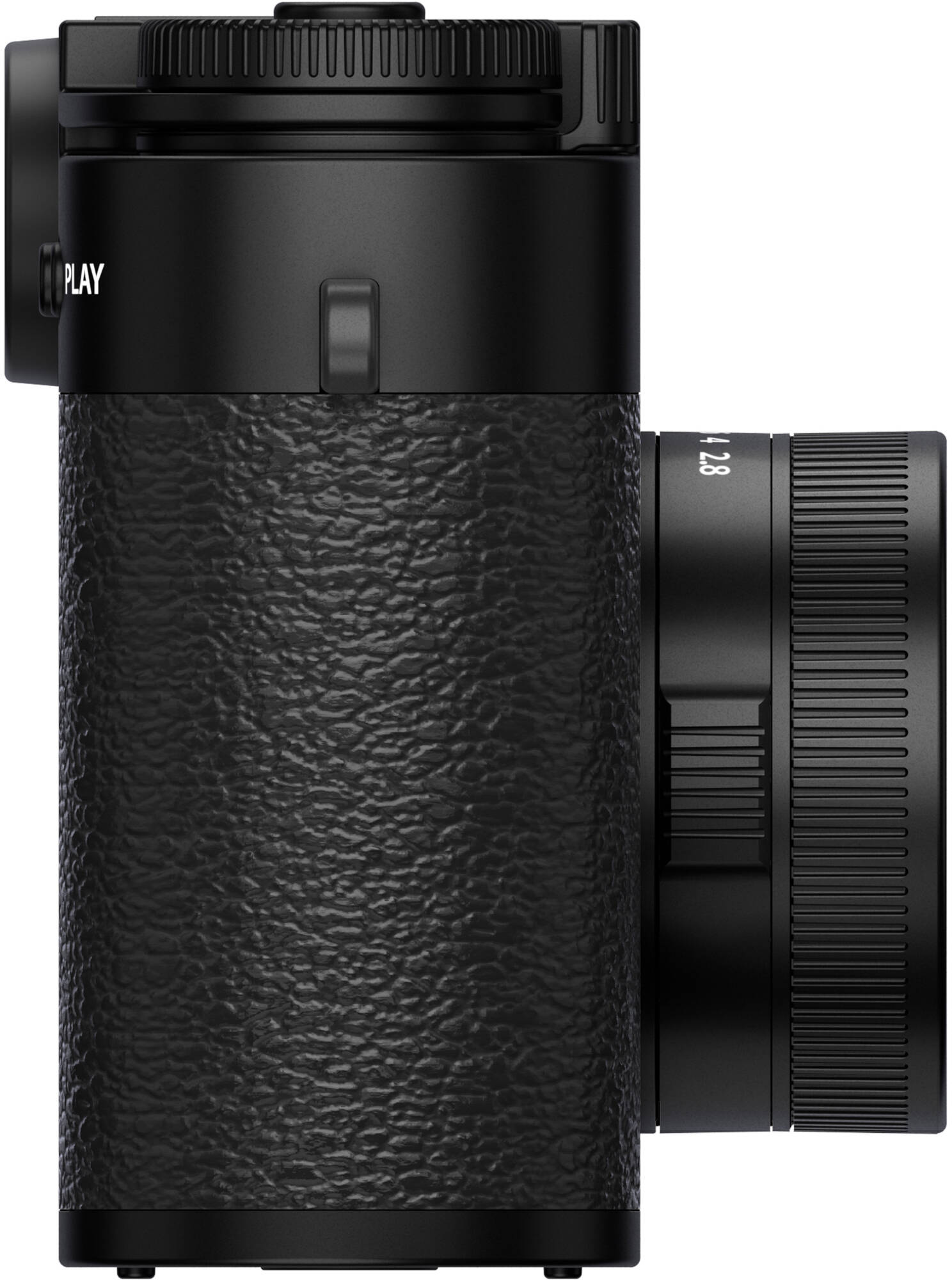 Seitenansicht der schwarzen Fujifilm X half Kamera. Strukturierter Griff, Objektiv und Räder sind sichtbar.