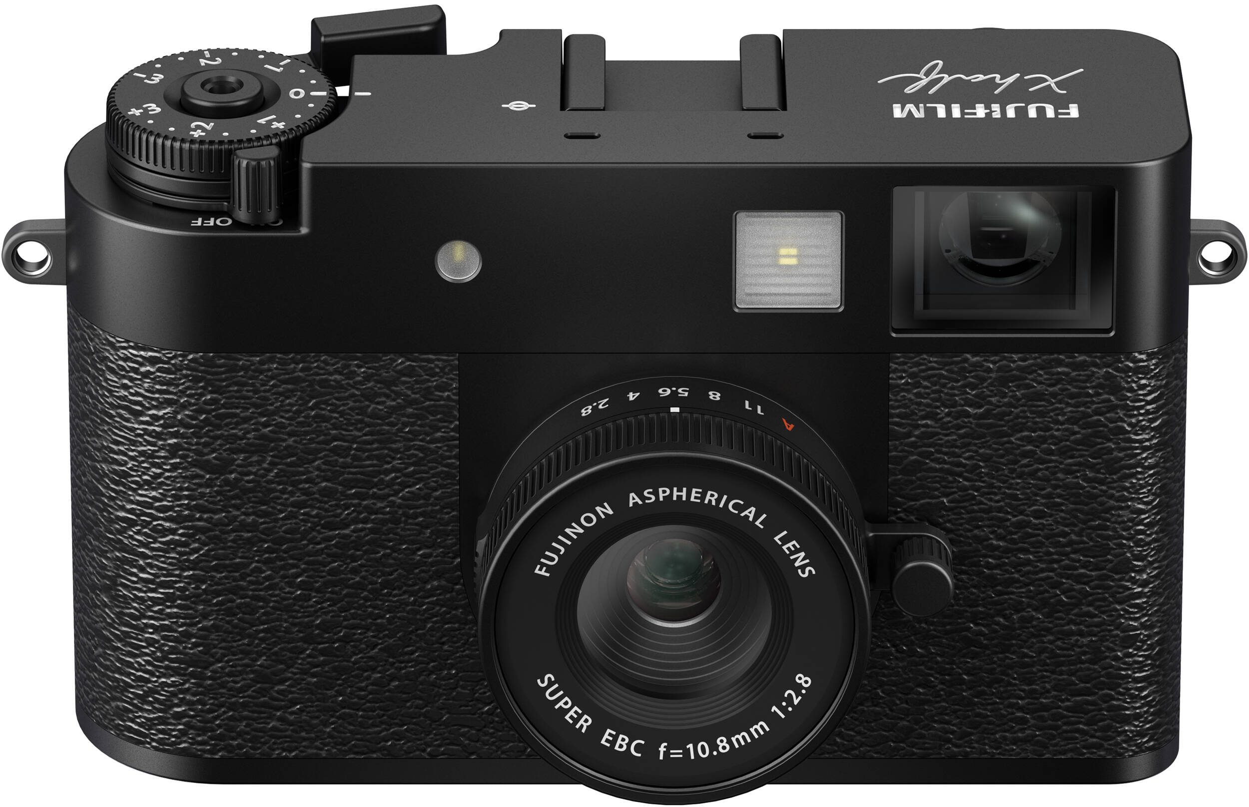 Schwarze Fujifilm X half Kamera. Frontansicht, Objektiv, Blitz, Räder und Knöpfe sichtbar. Fujifilm-Logo.