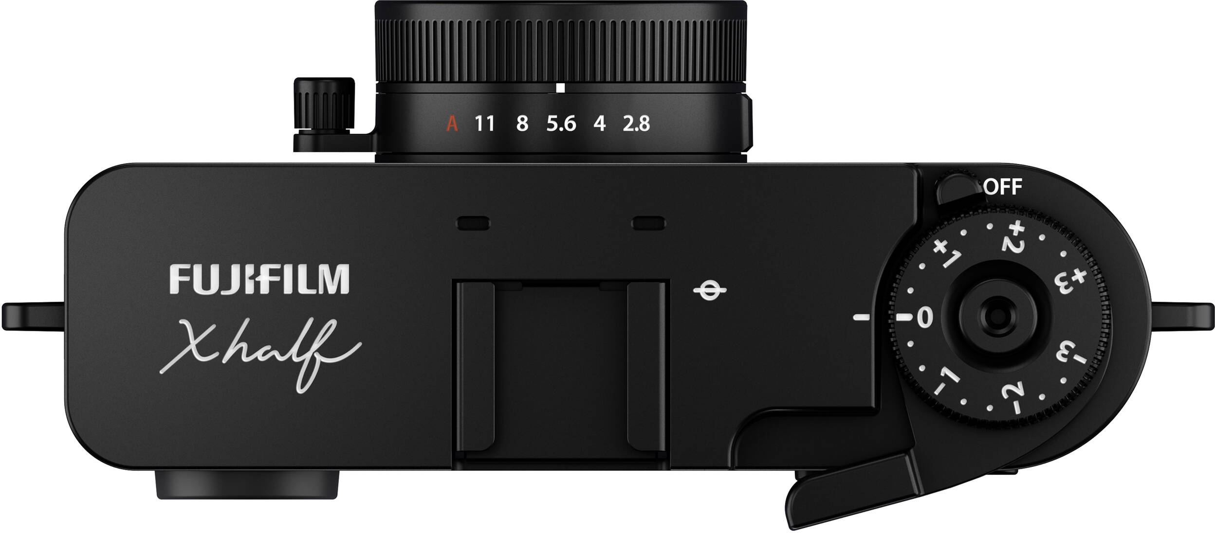 Draufsicht auf schwarze Fujifilm X half Kamera. Räder, Knöpfe und Fujifilm-Logo sind deutlich sichtbar.