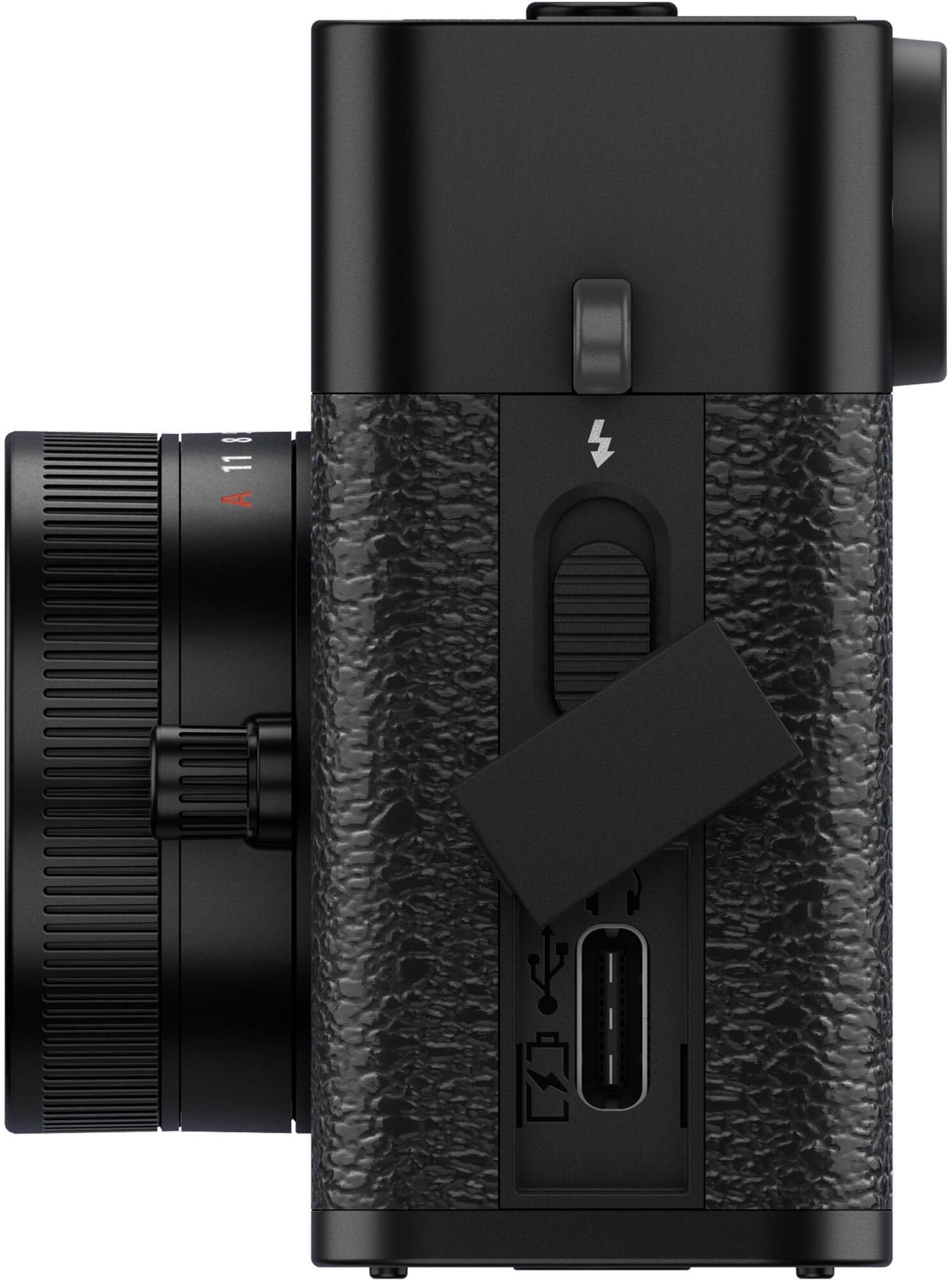 Seitenansicht der schwarzen Fujifilm X half Kamera. Zeigt die Seite mit USB-Anschluss, Blitz und verschiedenen Knöpfen.