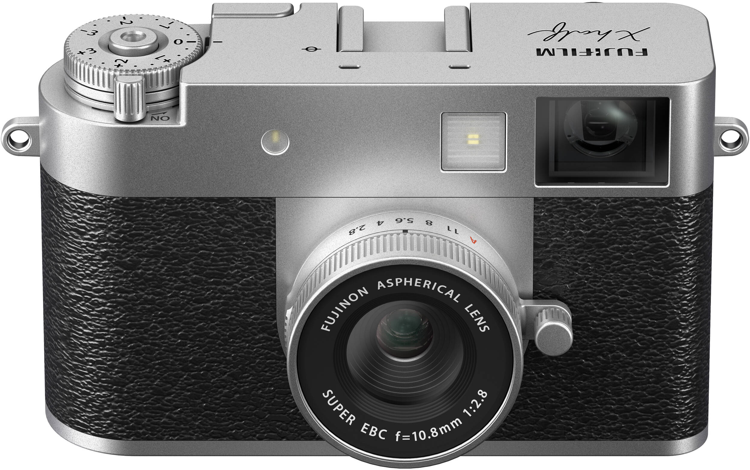 Silberne Fujifilm X half Kamera. Frontansicht, mit Objektiv, Blitz, Rädern und Knöpfen. Fujifilm-Logo oben.