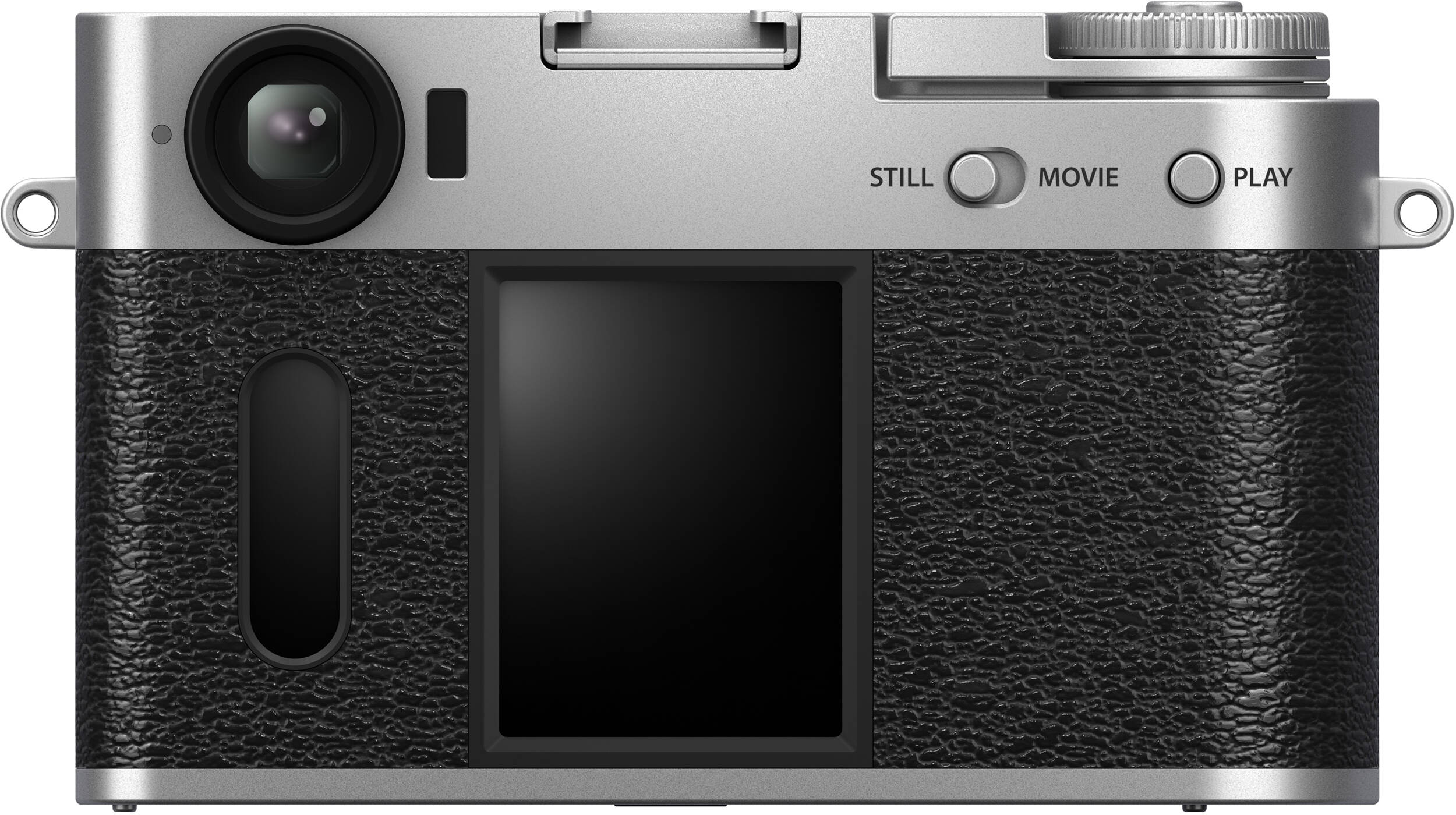 Rückseite der silbernen Fujifilm X half Kamera. Bildschirm, Tasten für Standbild, Film und Wiedergabe. Strukturierter Griff.