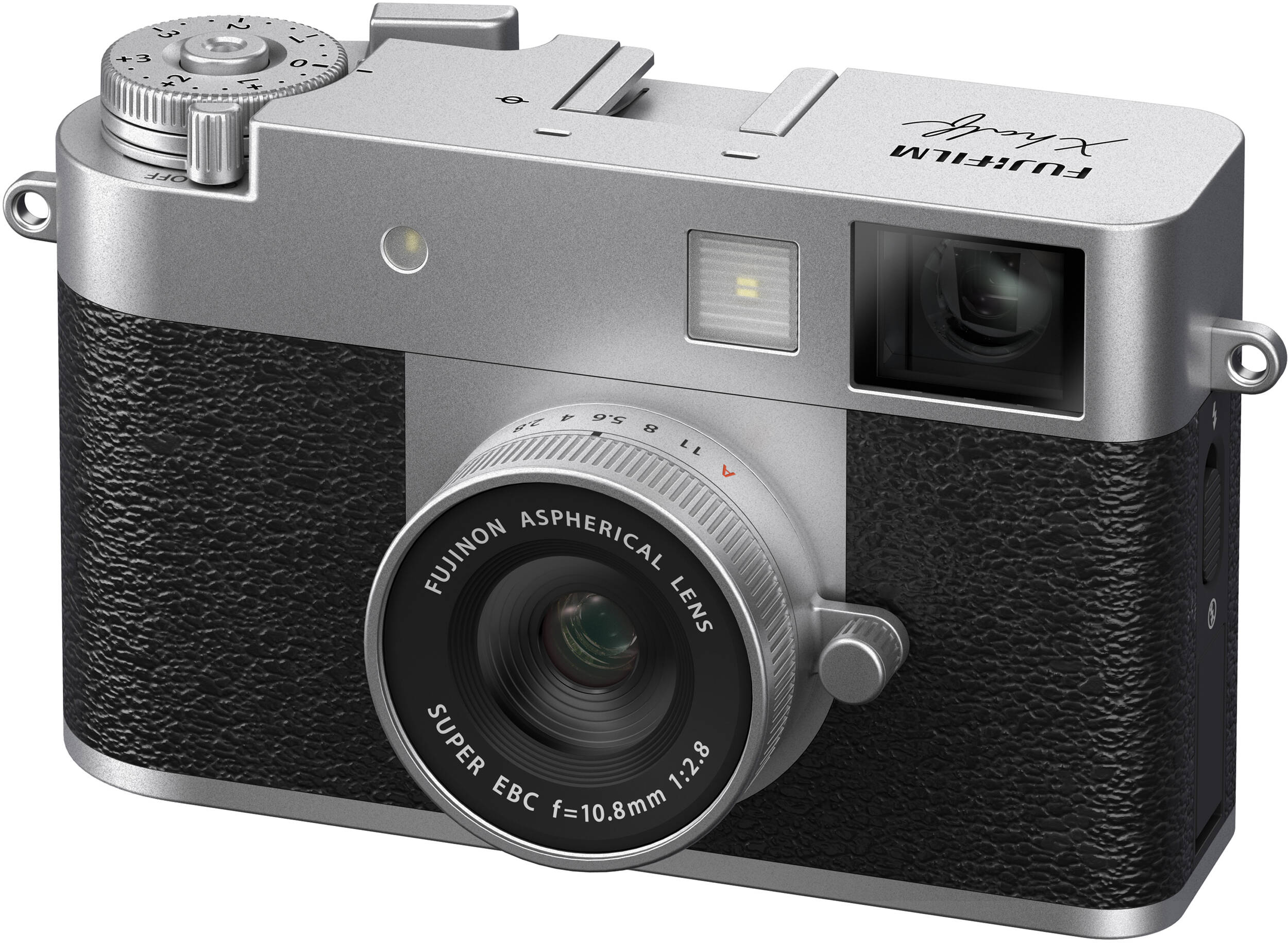 Silberne Fujifilm X half Kamera. Abgewinkelte Frontansicht, Objektiv, Blitz, Räder und Knöpfe. Fujifilm-Logo oben.