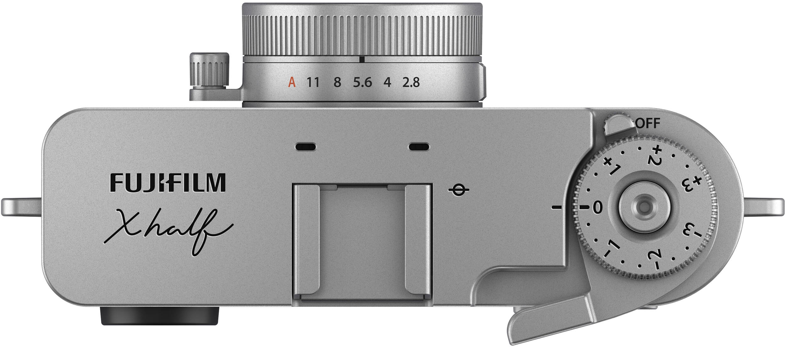 Silberne Kamera von oben. Mit Fujifilm Xhalf Logo, Rädern und Bedienelementen.