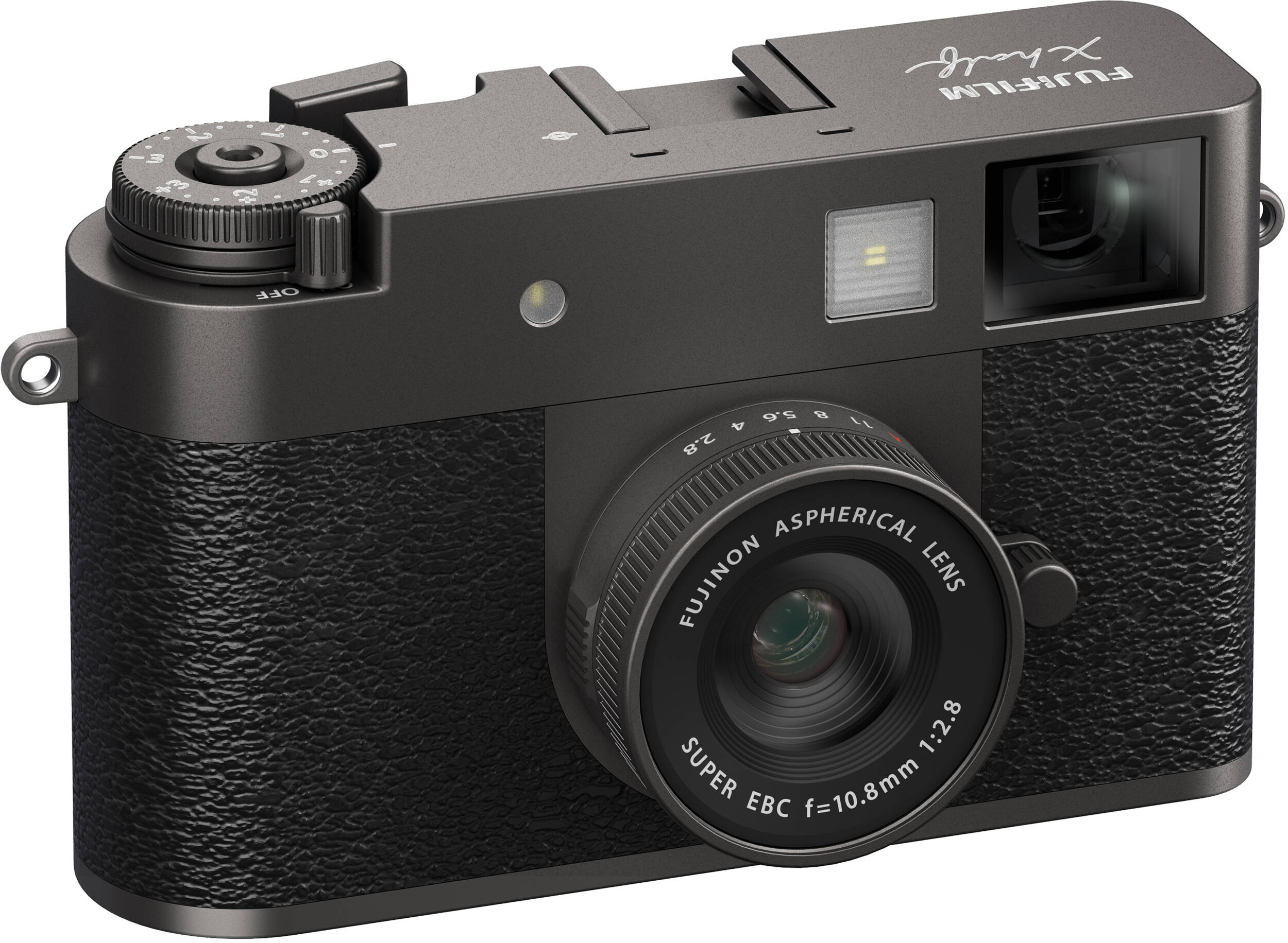 Schräge Ansicht einer schwarzen Kamera. Hat ein Objektiv, Räder und das Fujifilm-Logo.