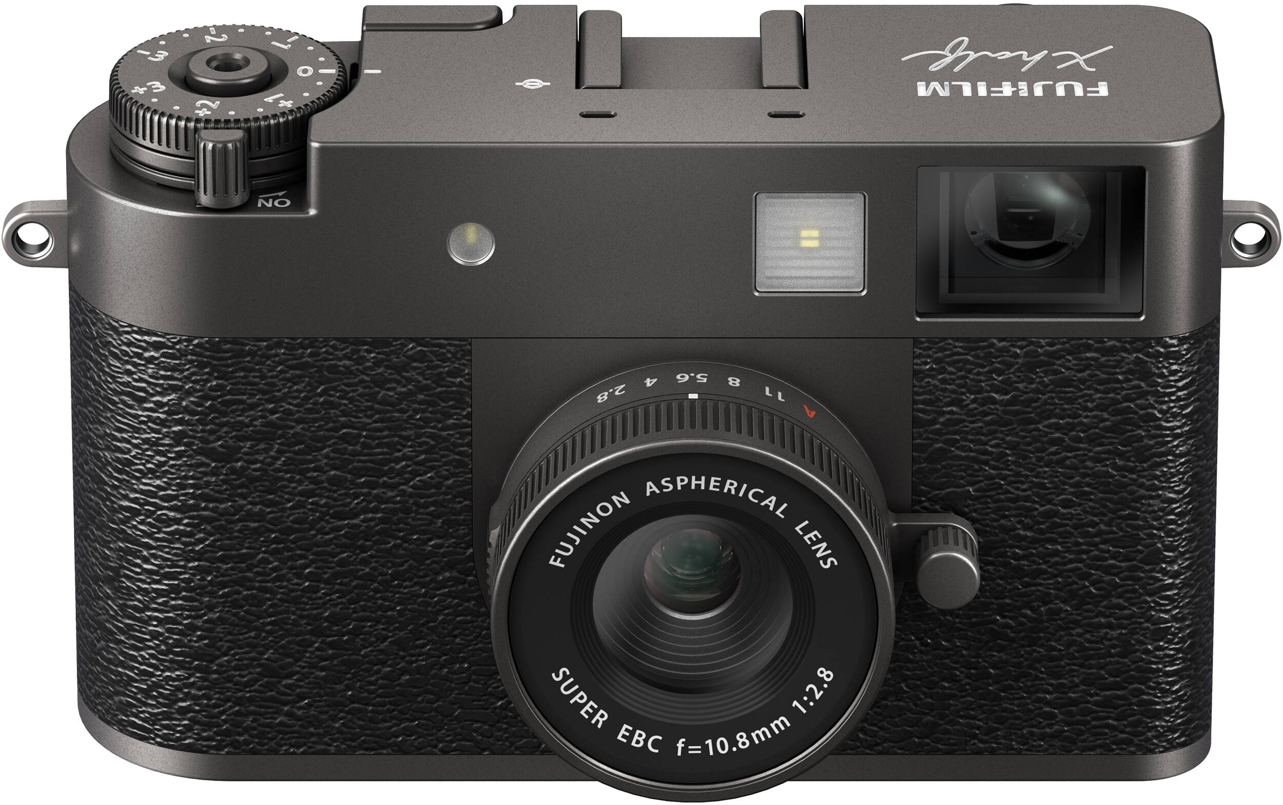 Vorderansicht einer schwarzen Kamera. Hat ein Objektiv, Räder und das Fujifilm-Logo.