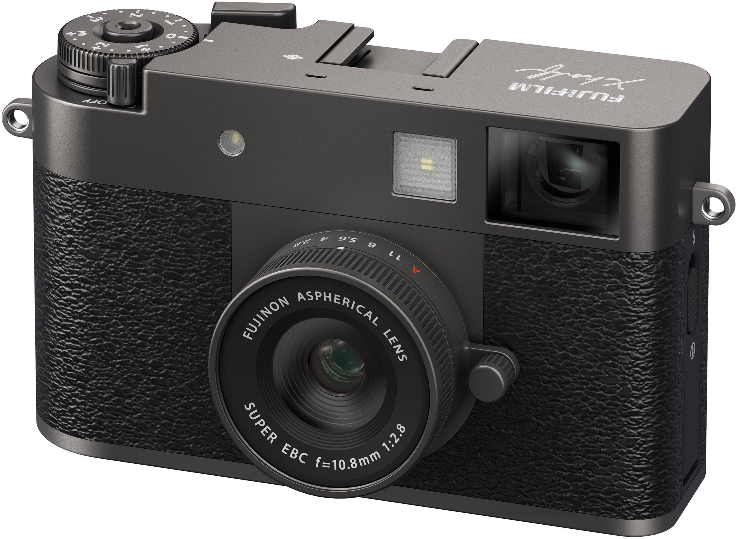 Schräge Ansicht einer schwarzen Kamera. Hat ein Objektiv, Räder und das Fujifilm-Logo.