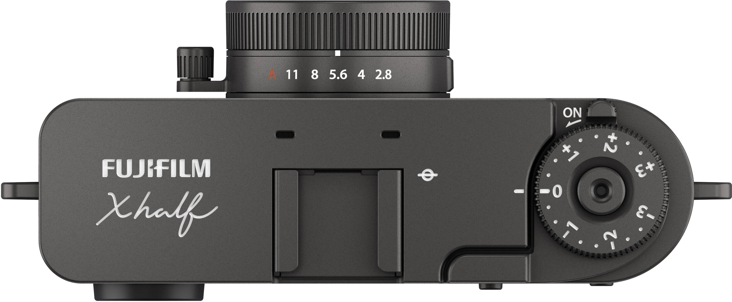 Schwarze Kamera von oben. Fokusrad oben rechts, Objektivrad oben links. Fujifilm Xhalf Logo.