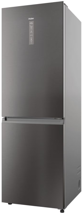 Dunkelgrauer Haier-Kühlschrank. Winkelansicht, zweitüriges Design. Schlankes Aussehen.