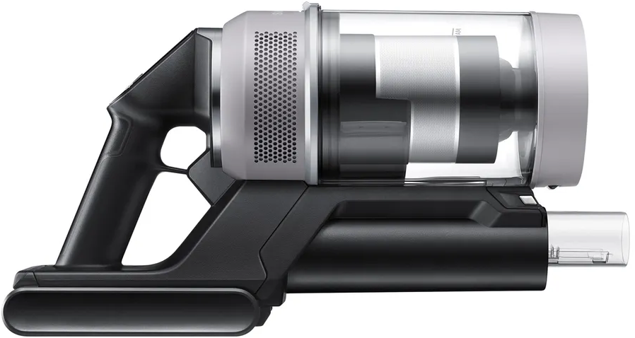 Aspirateur à main. Corps noir et argent avec bac à poussière transparent et batterie.