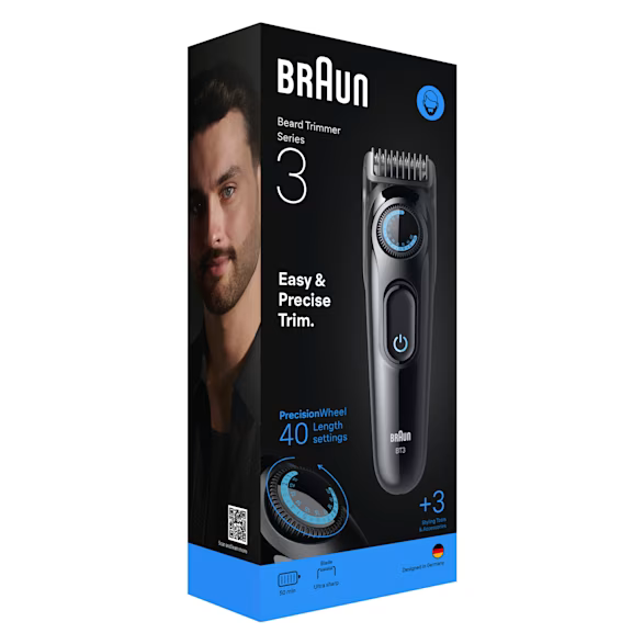 Twarz mężczyzny na czarnym pudełku z trymerem do brody Braun BT3. Na pudełku napis 'Easy & Precise Trim'.