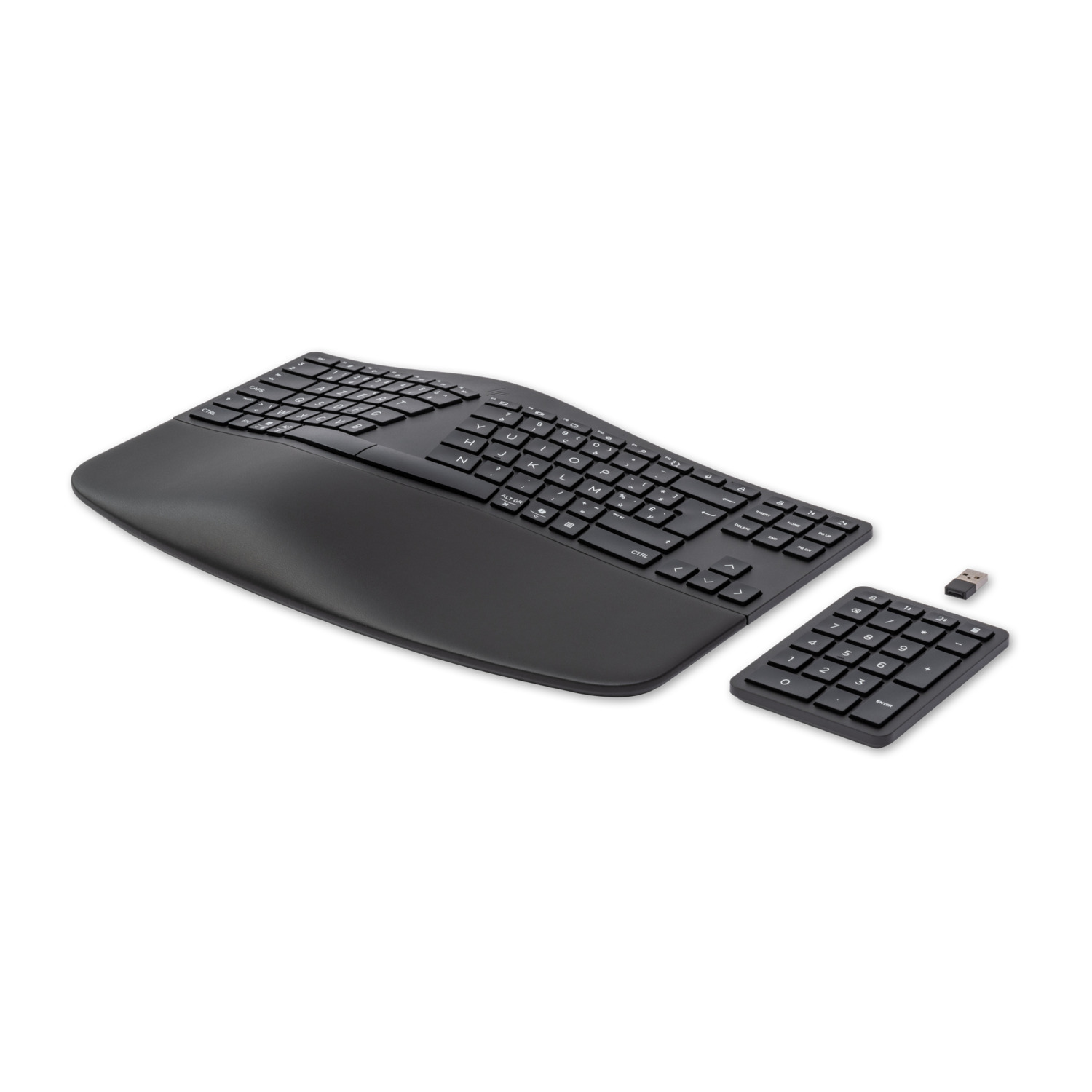 Ergonomic black keyboard with number pad and USB receiver.