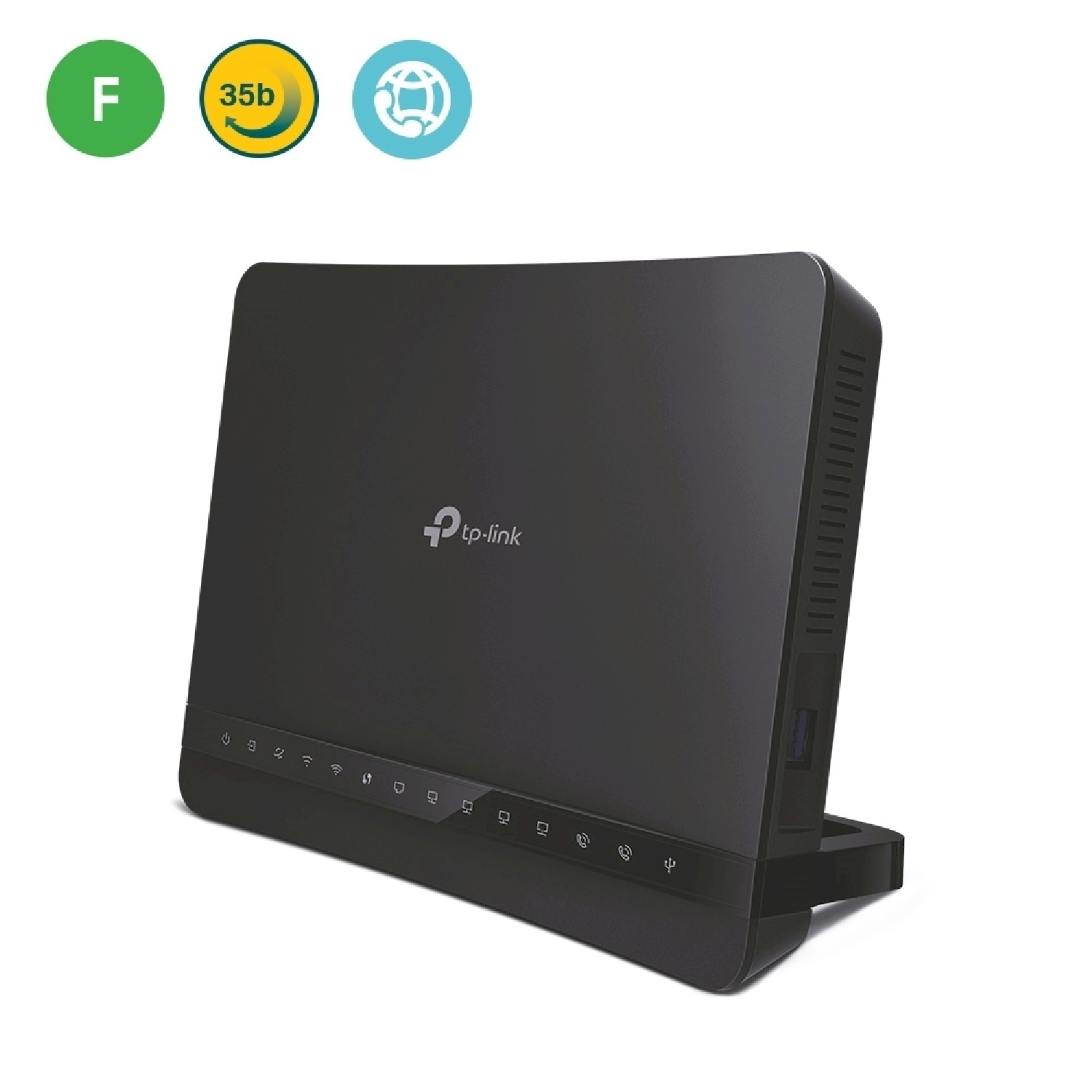 Router nero, con vista frontale. Ha icone di connessione di rete. È presente un'icona F verde e il simbolo 35b.