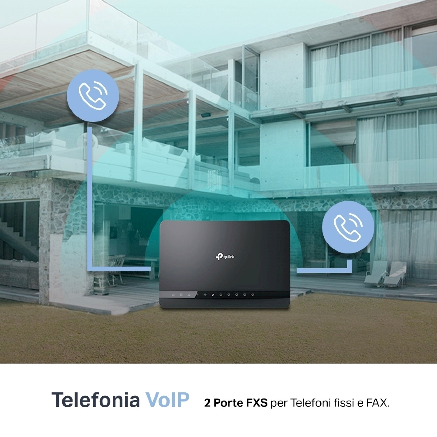 Router nero con icone telefoniche. Lo sfondo mostra una casa e un prato.