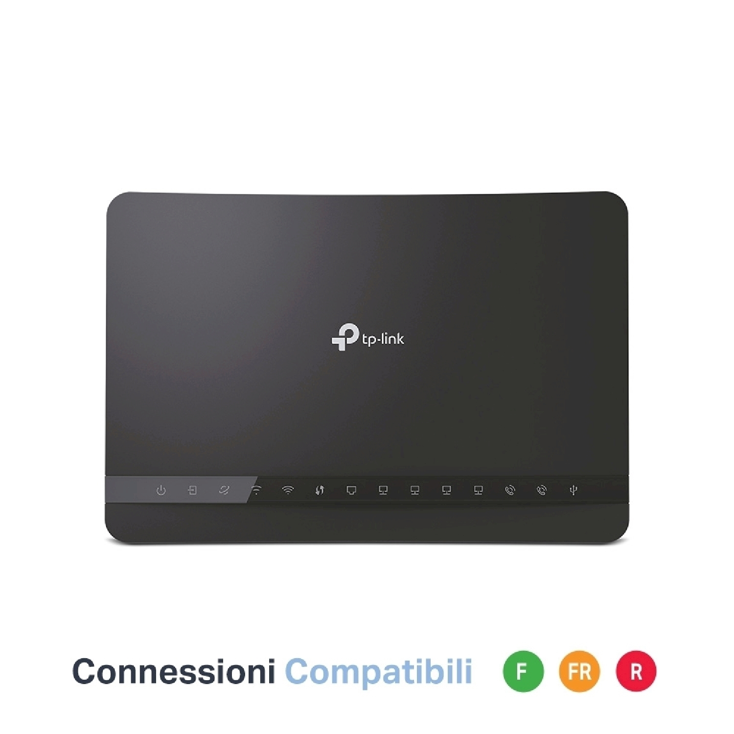 Router nero, vista frontale, con luci e icone di connessione di rete. Testo in basso: Connessioni compatibili.