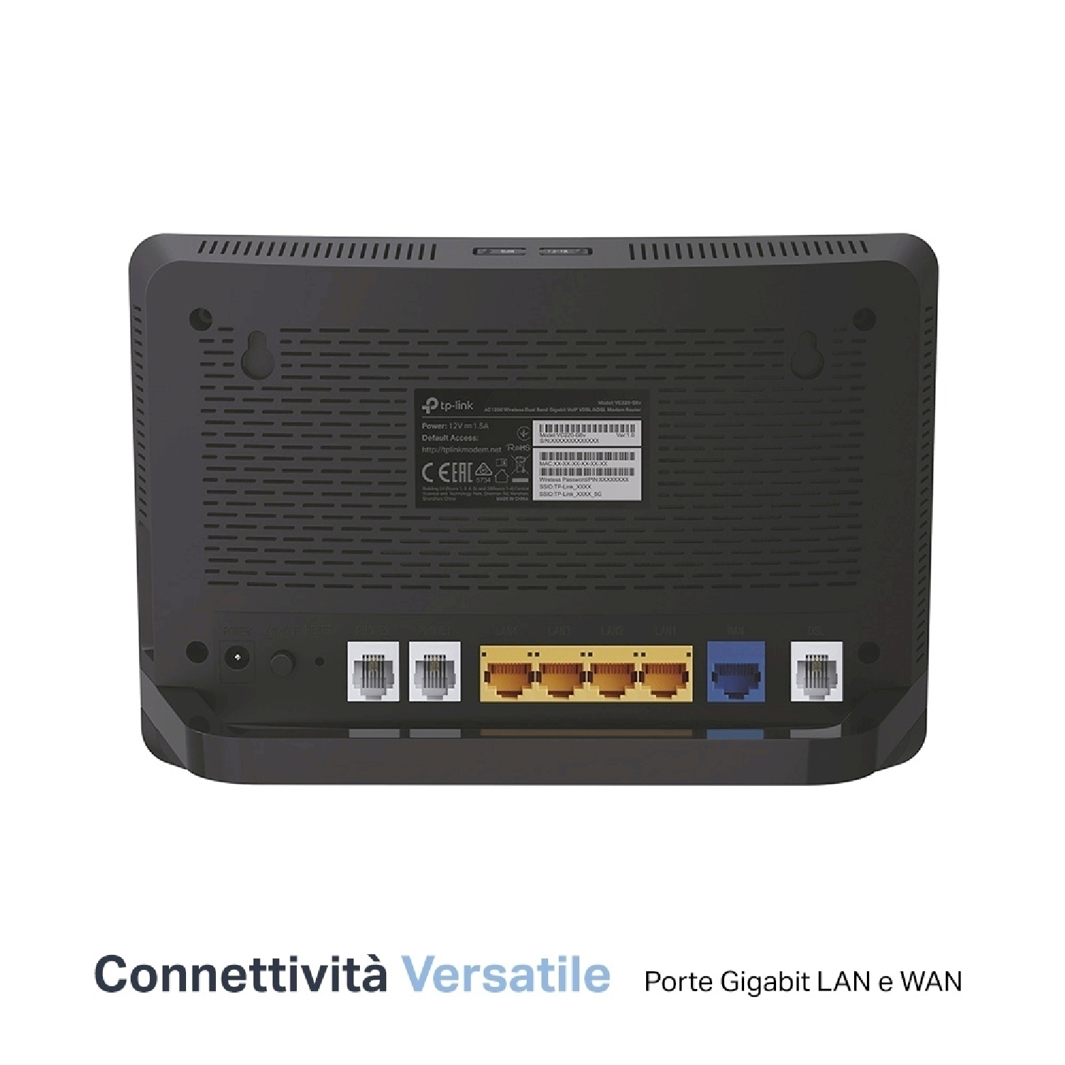 Retro di un router nero con porte. Il testo dice 'Connettività Versatile'.
