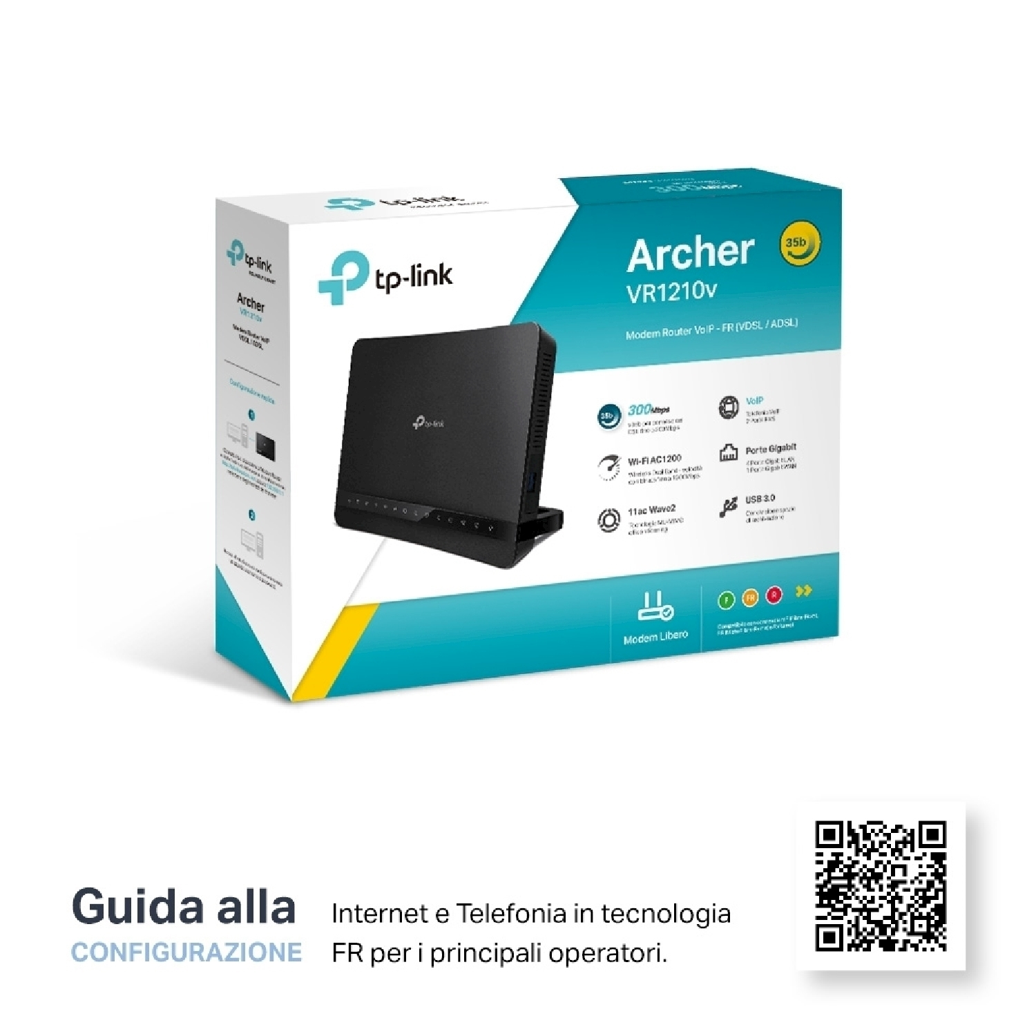 Una scatola del router, con l'immagine del router e testo sul Wi-Fi e le funzioni. Codice QR e modem router.