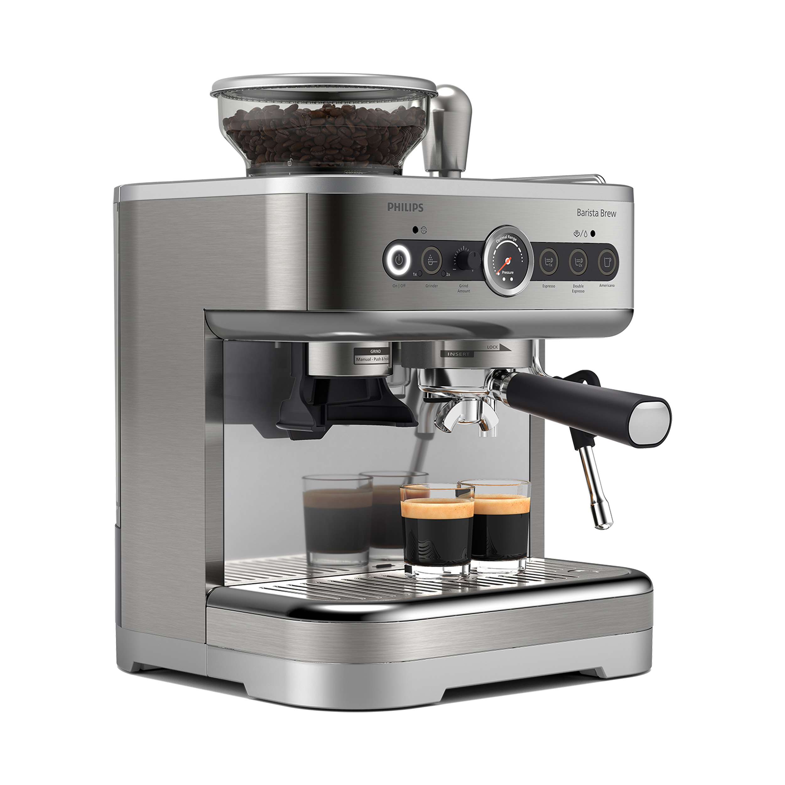Nahaufnahme einer silbernen Espressomaschine mit Kaffeeshots und Bohnenbehälter.