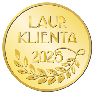 Złoty medal z napisem 'LAUR KLIENTA 2025' i wieńcem laurowym.