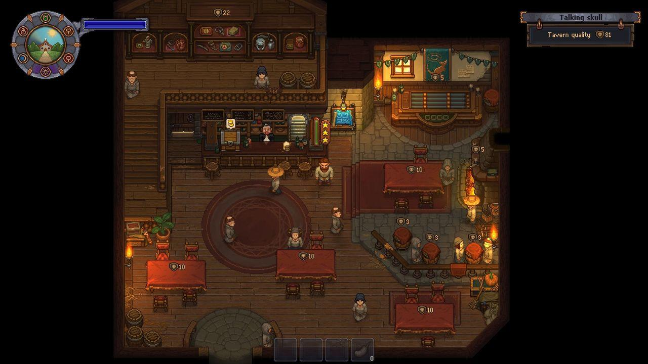 Innenraum einer Taverne. Tische, Bar und Gäste sind sichtbar. Die Szene ist schwach beleuchtet und hat warme Töne.