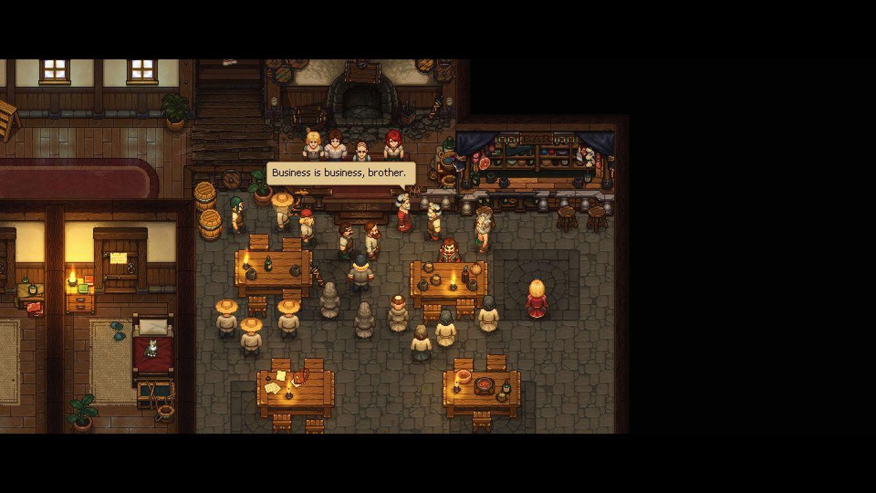 Eine Taverne mit vielen Leuten. Tische mit Essen, eine Bar im Hintergrund und eine Sprechblase mit 'Geschäft ist Geschäft, Bruder'.