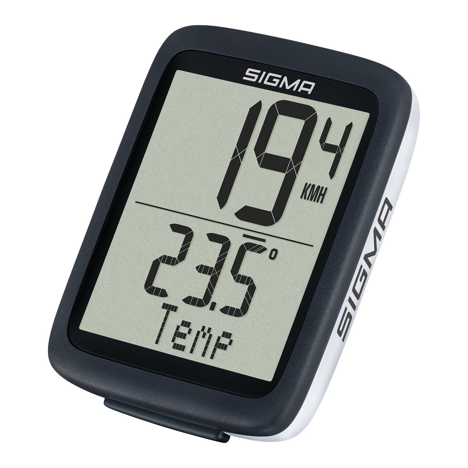 Fahrradcomputer mit Digitalanzeige, die Geschwindigkeit und Temperatur anzeigt. Schwarz und Weiß.