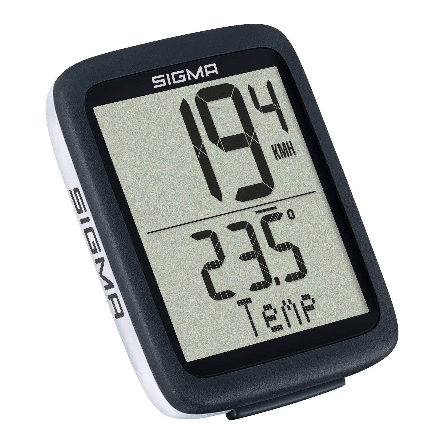 Fahrradcomputer mit Digitalanzeige, die Geschwindigkeit und Temperatur anzeigt. Schwarz und Weiß.