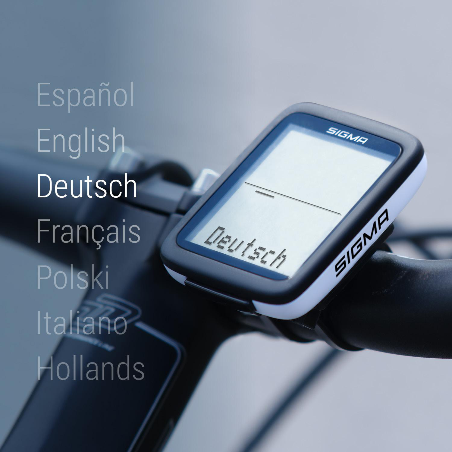 Ein Fahrradcomputer zeigt 'Deutsch'. Der Text ist von Sprachoptionen umgeben, darunter Englisch und Español.