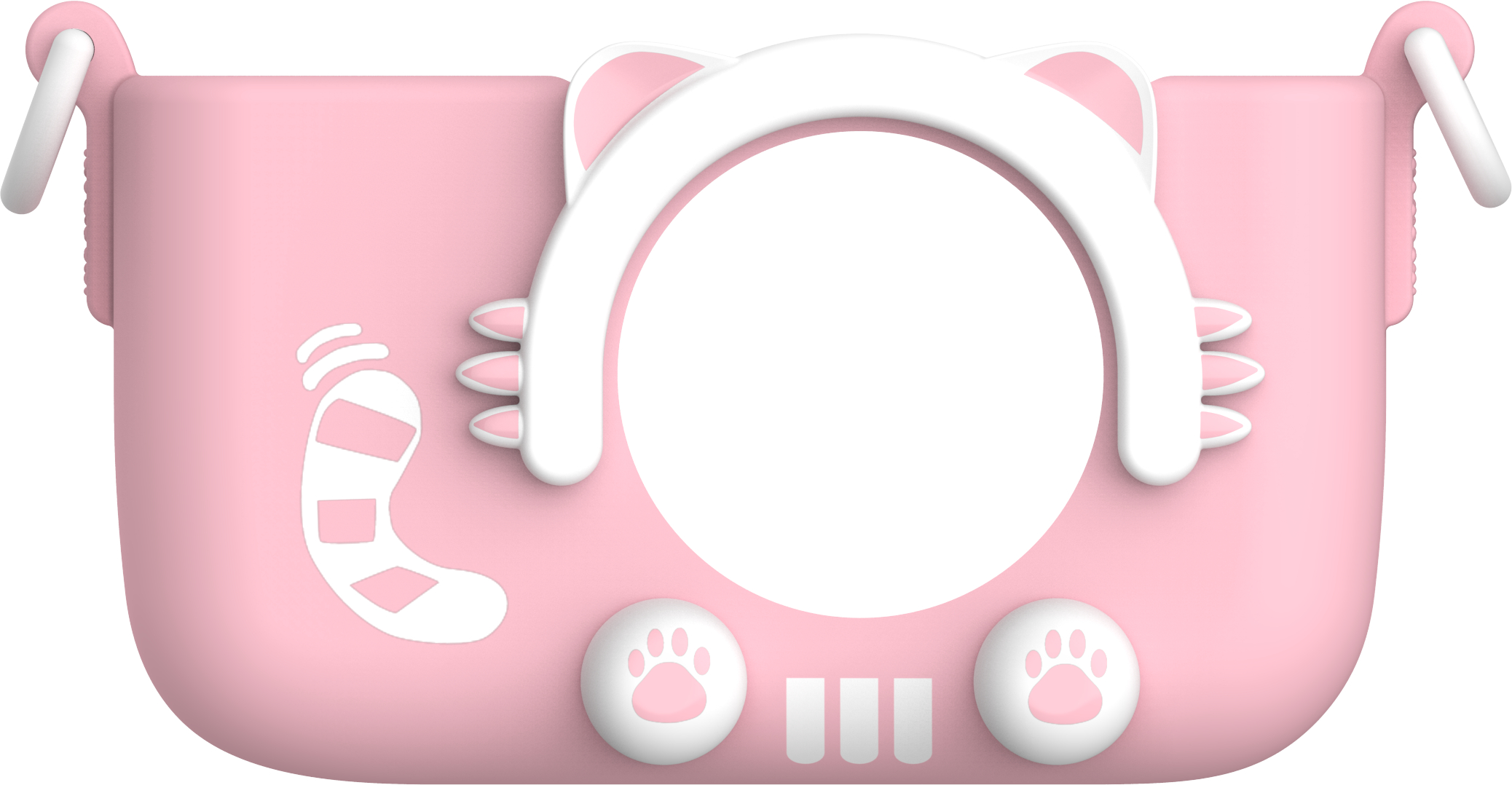Eine rosa Spielzeugkamera mit Katzenkopf und Pfotenabdrücken. Das Objektiv ist weiß und die Kamera hat einen Griff.