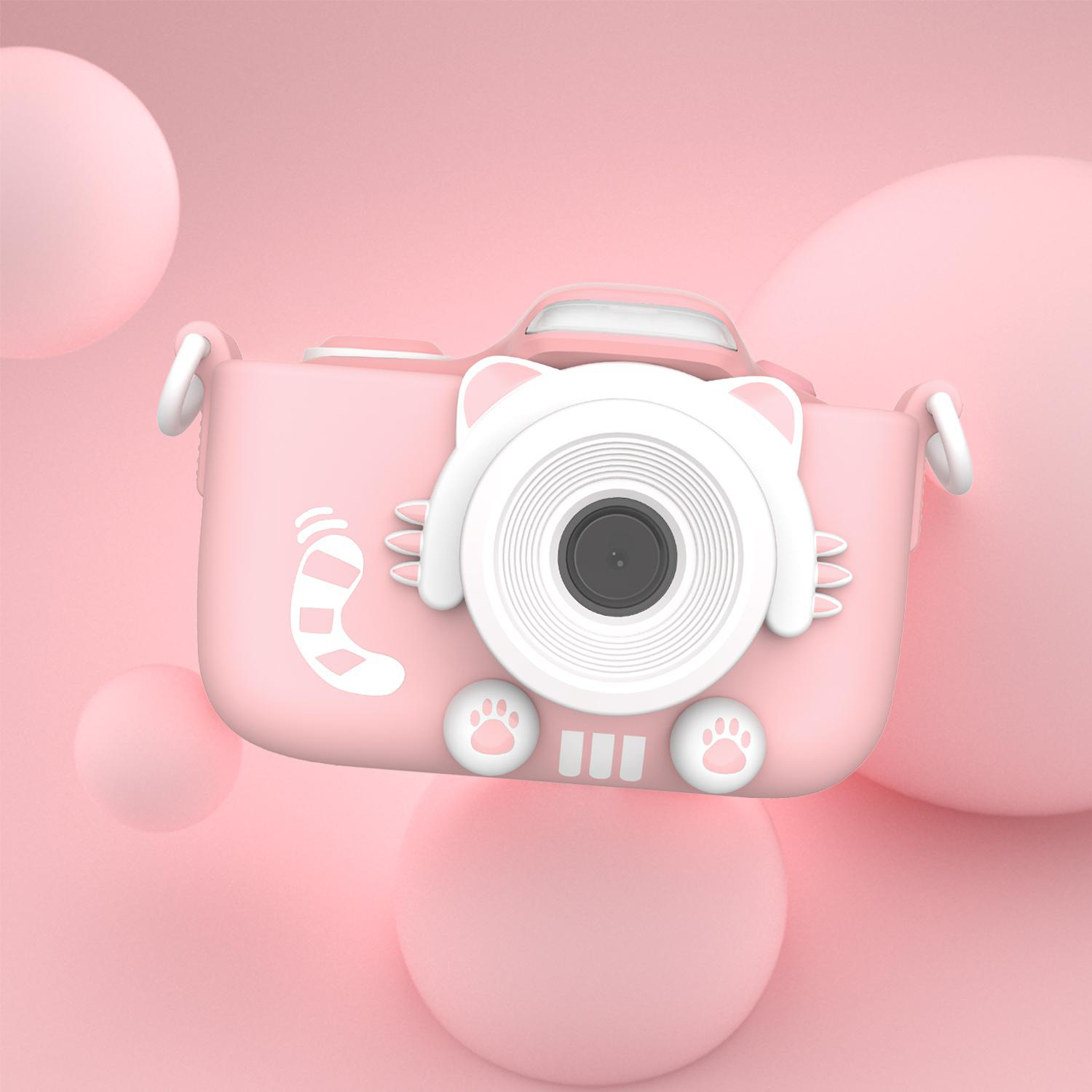 Eine rosa Kamera mit Katzenohren-Design. Rosa Kugeln im Hintergrund.