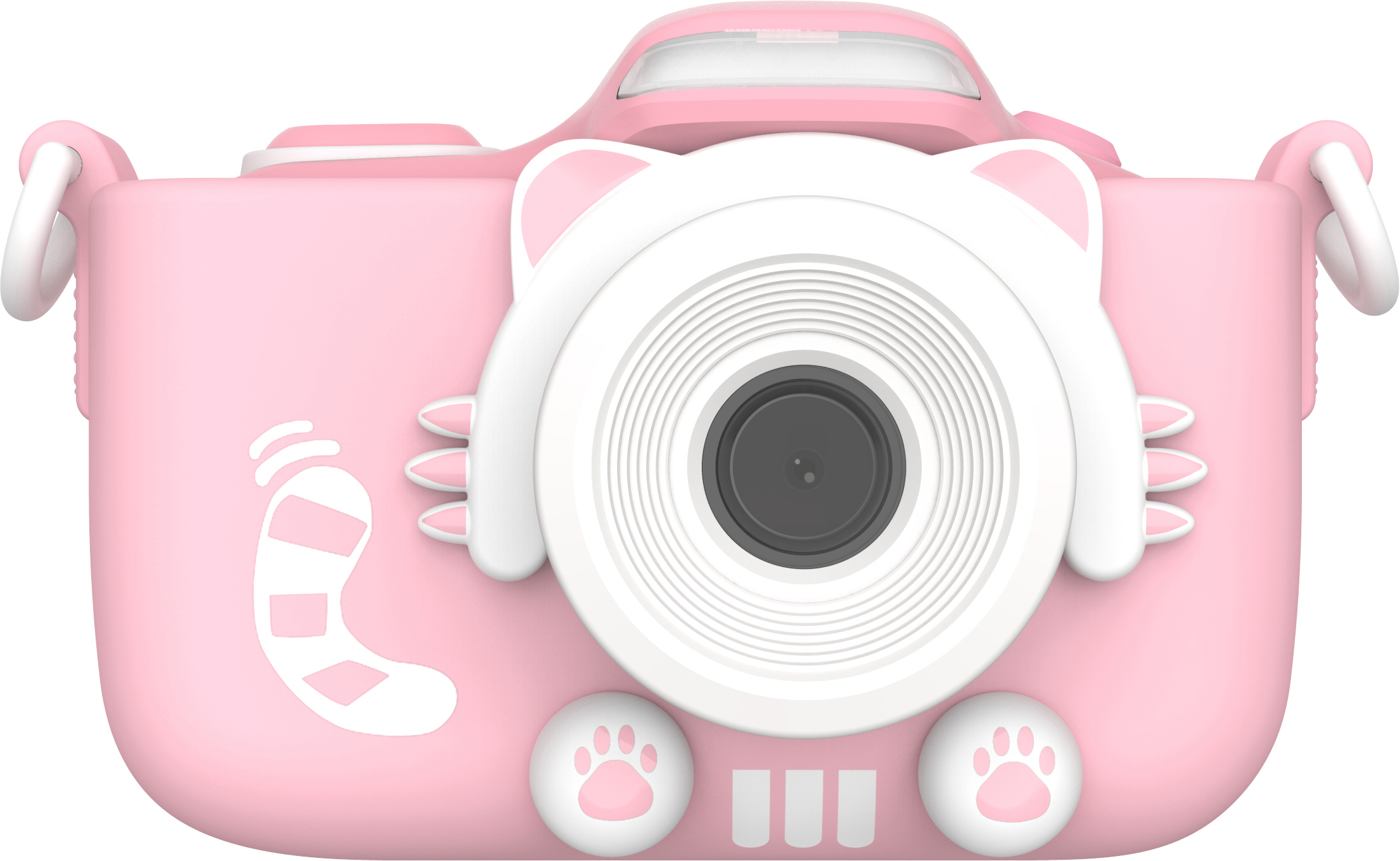 Nahaufnahme einer rosa Kamera mit Katzendesign. Weißer Hintergrund.