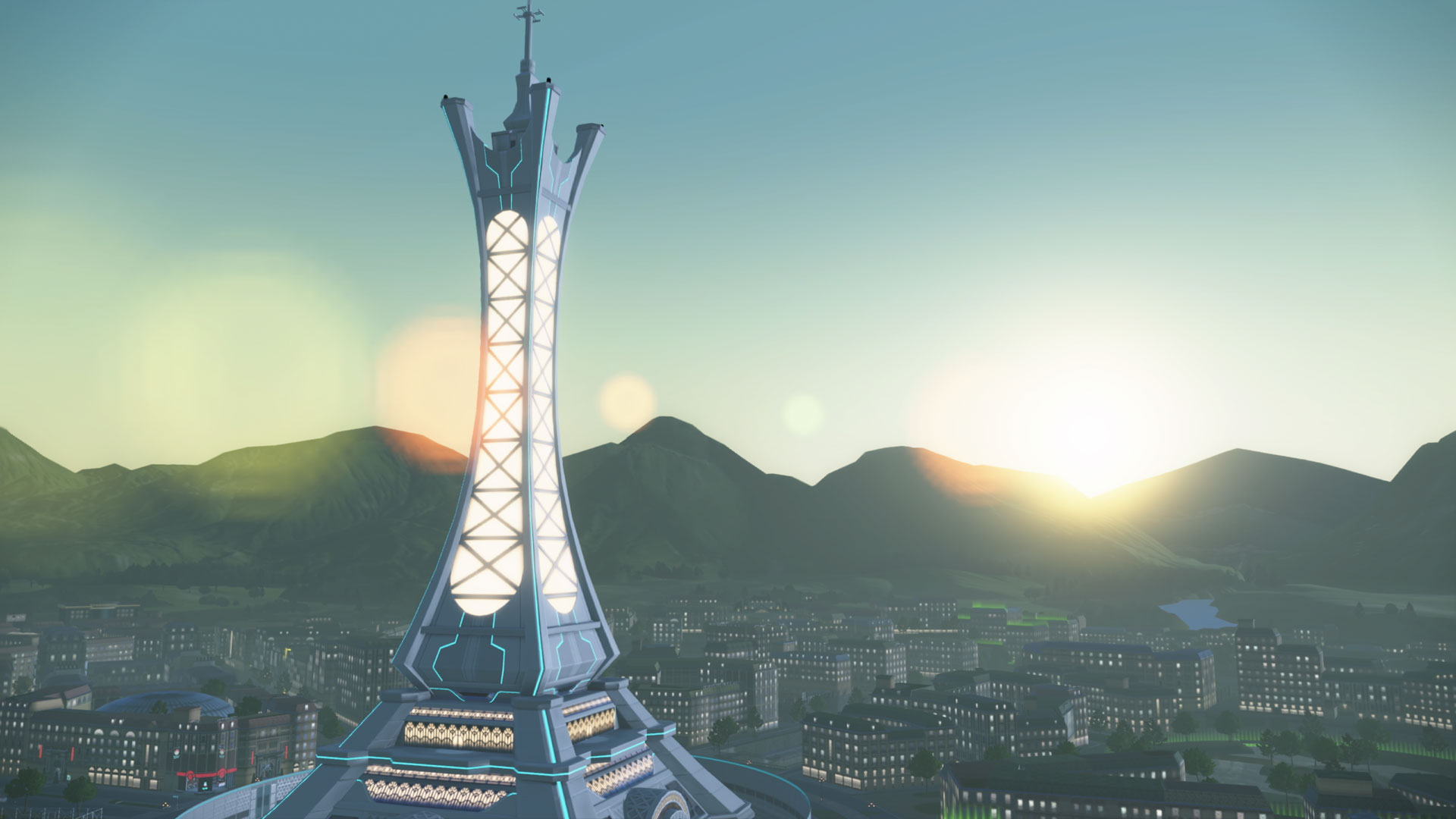 Un'alta torre futuristica si erge su una città. Montagne e tramonto sullo sfondo. La torre ha una croce in cima.